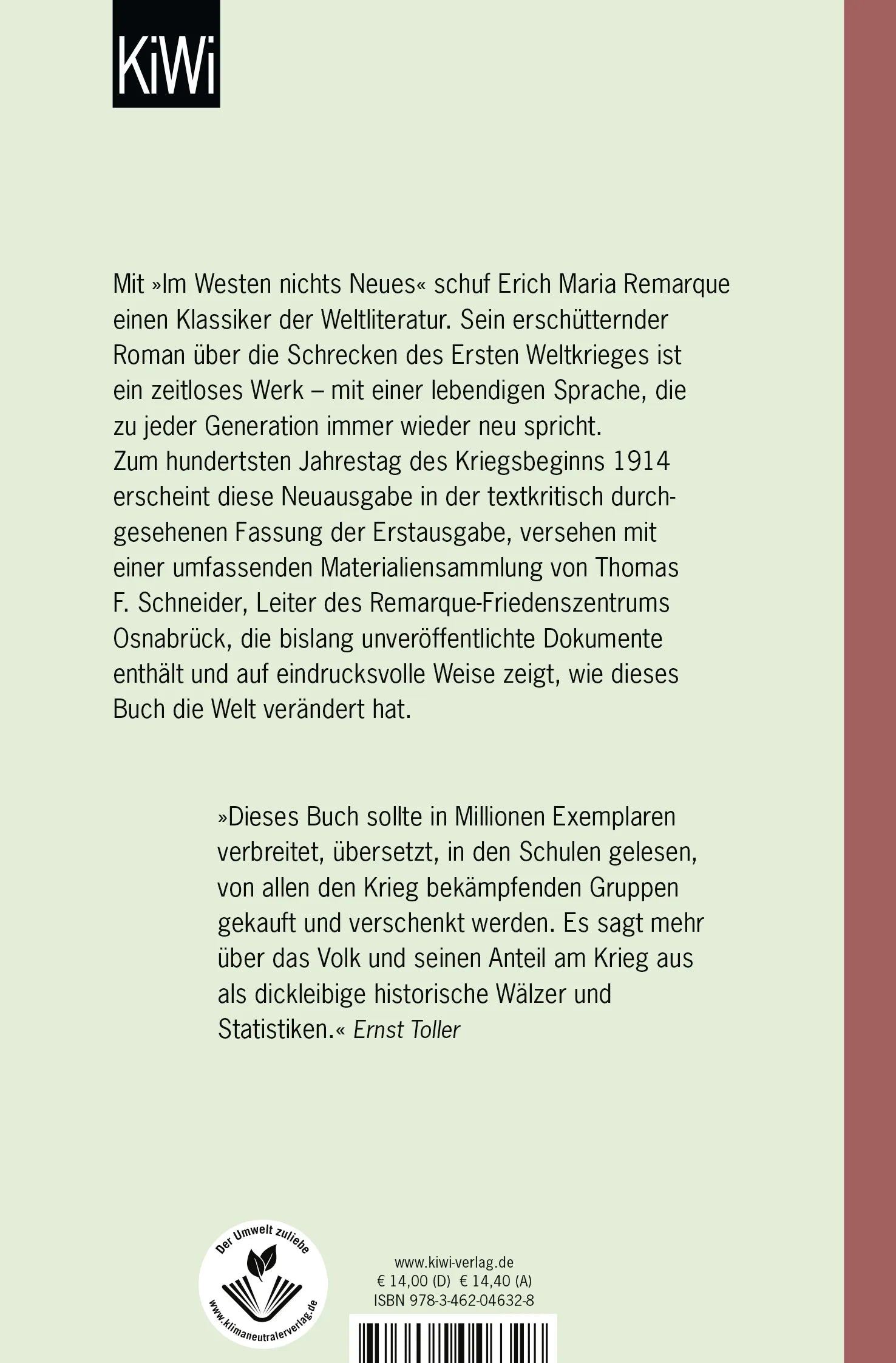 Buchrückseite von 'Im Westen nichts Neues' mit Klappentext - Taschenbuch
