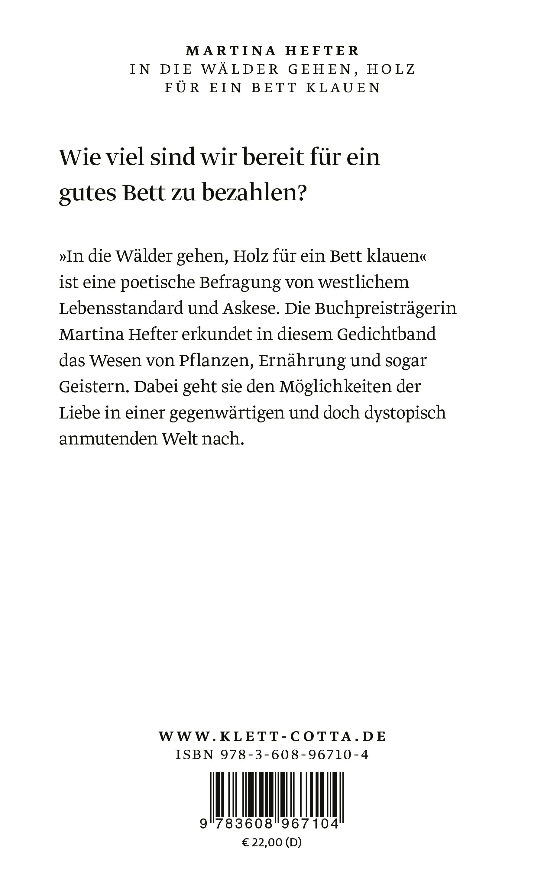 Buchrückseite von 'In die Wälder gehen, Holz für ein Bett klauen' mit Klappentext - Paperback