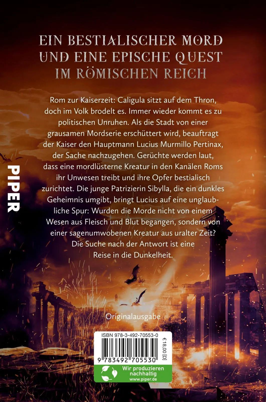 Buchrückseite von 'Indagator – Die Bestien von Rom' mit Klappentext - Paperback