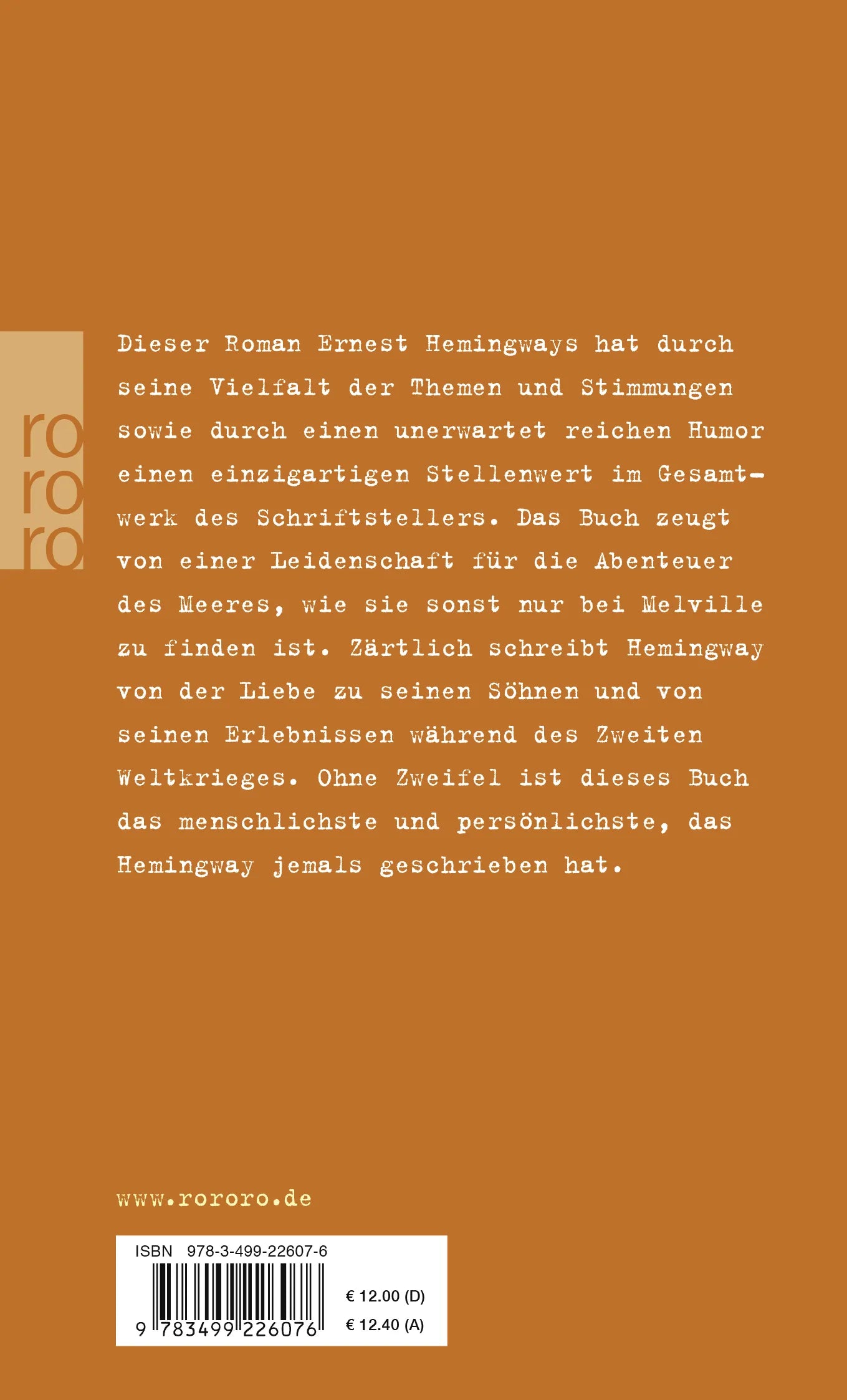 Buchrückseite von 'Inseln im Strom' mit Klappentext - Taschenbuch