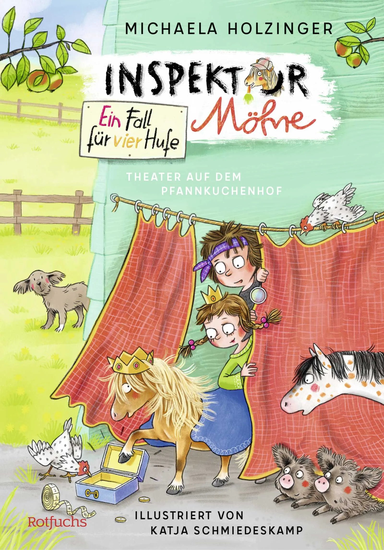 Buchcover von 'Inspektor Möhre - Ein Fall für vier Hufe: Theater auf dem Pfannkuchenhof' - Gebundene Ausgabe von Michaela Holzinger