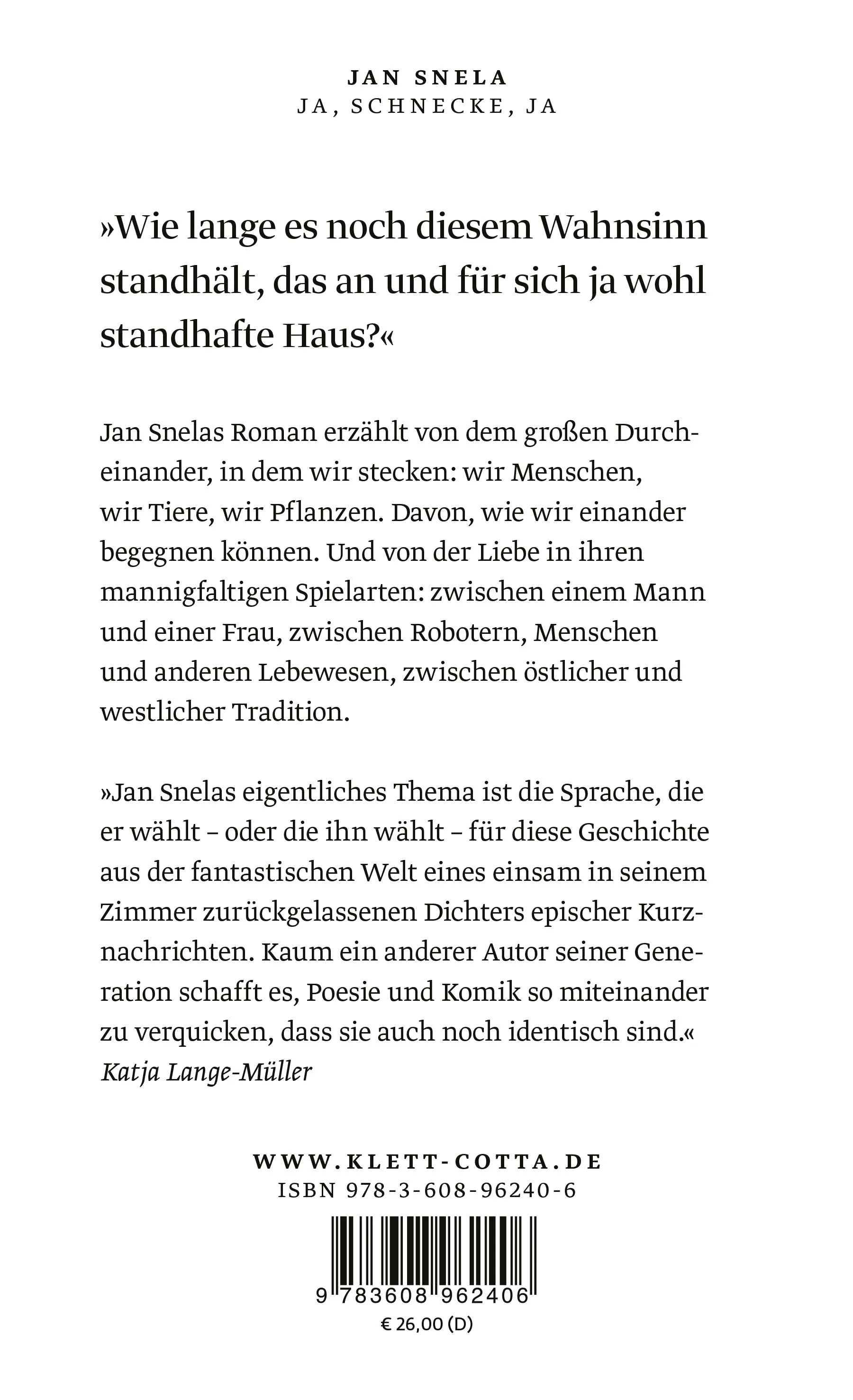 Buchrückseite von 'Ja, Schnecke, ja' mit Klappentext - Gebundene Ausgabe