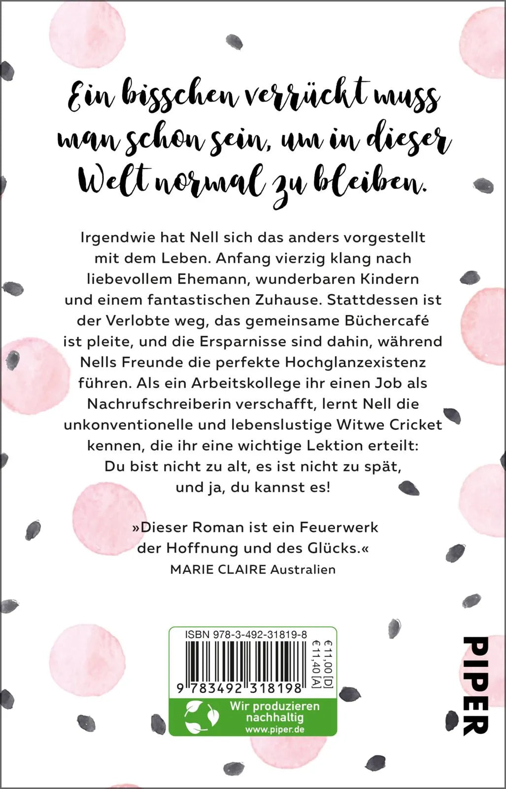 Buchrückseite von 'Je größer der Dachschaden, desto besser die Aussicht' mit Klappentext - Taschenbuch