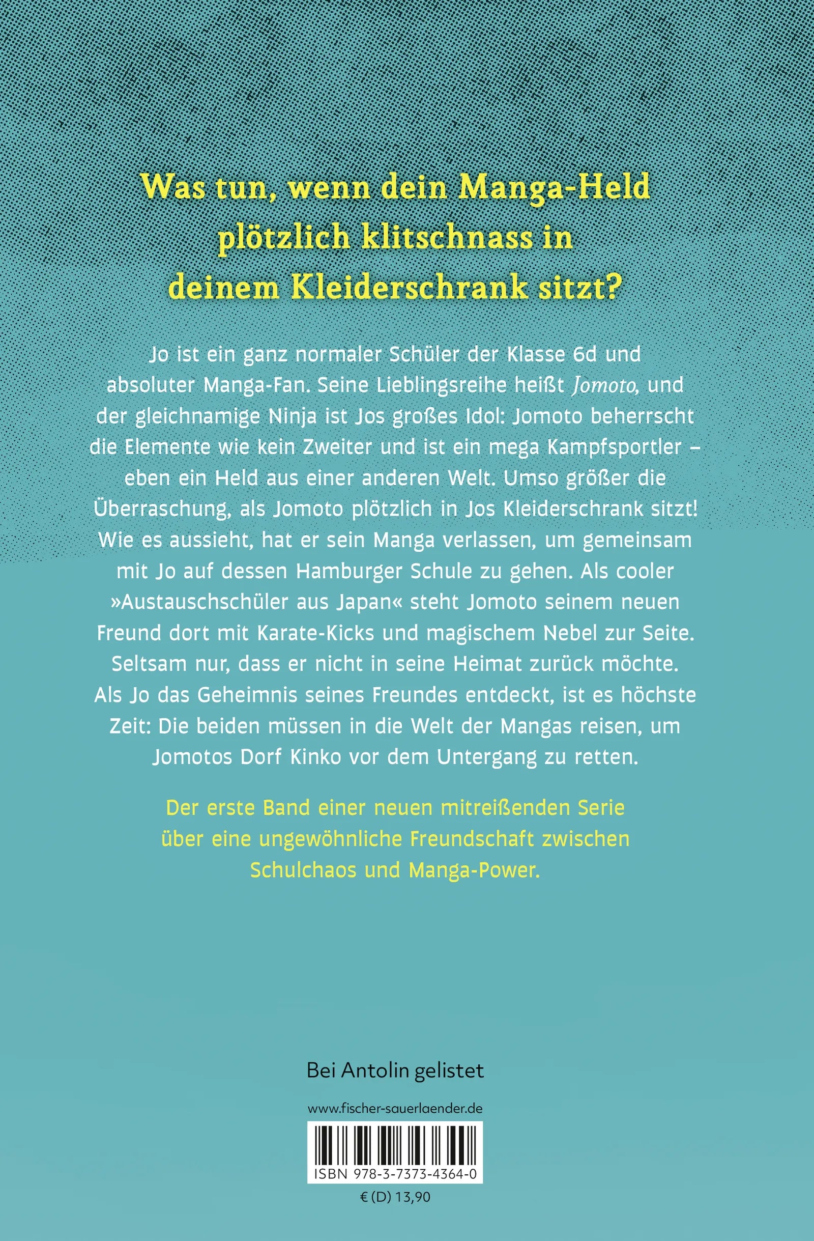 Buchrückseite von 'Jo & Jomoto – Das Portal nach Kinko' mit Klappentext - Gebundene Ausgabe