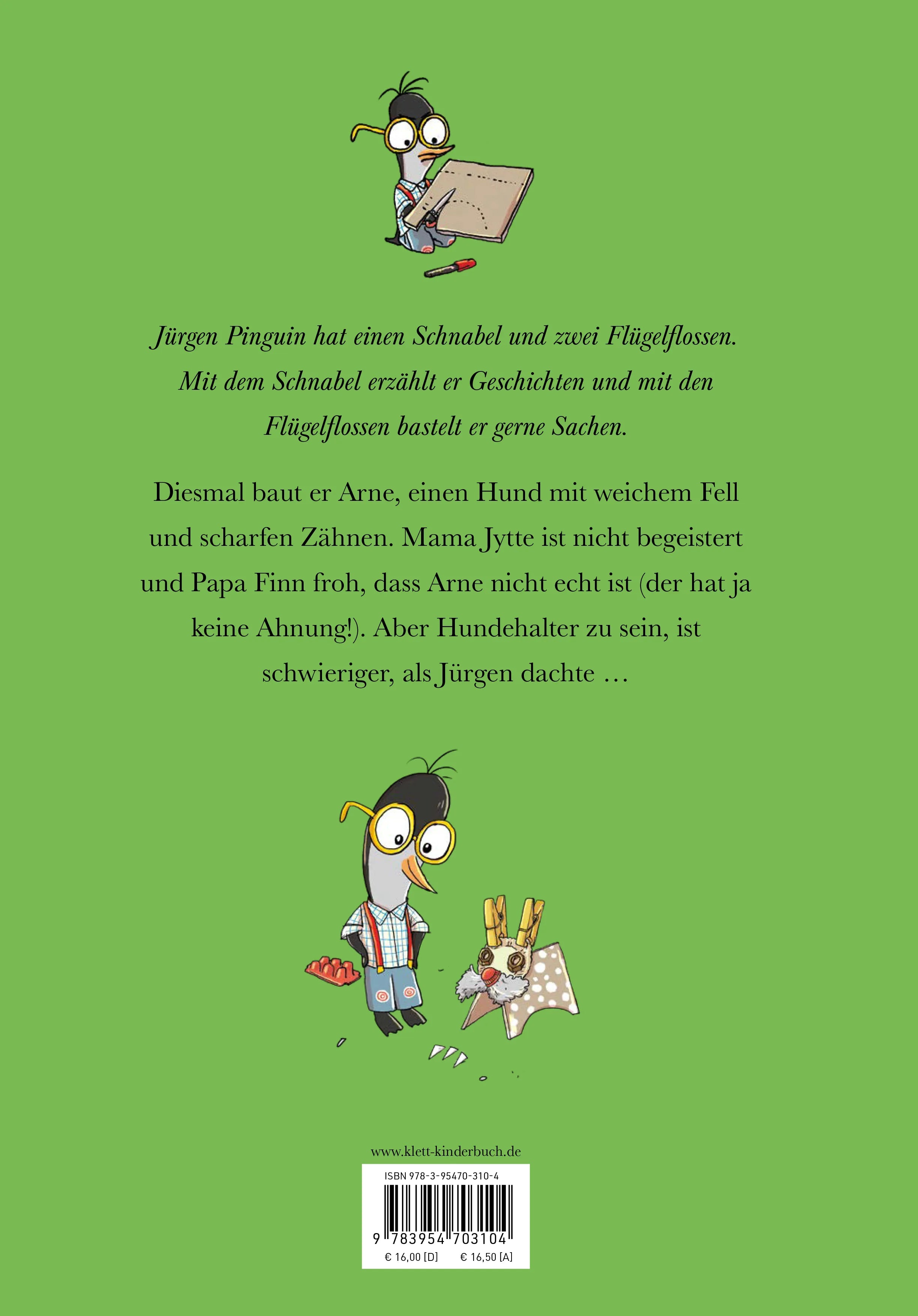 Buchrückseite von 'Jürgen Pinguin baut was, was bellt' mit Klappentext - Gebundene Ausgabe