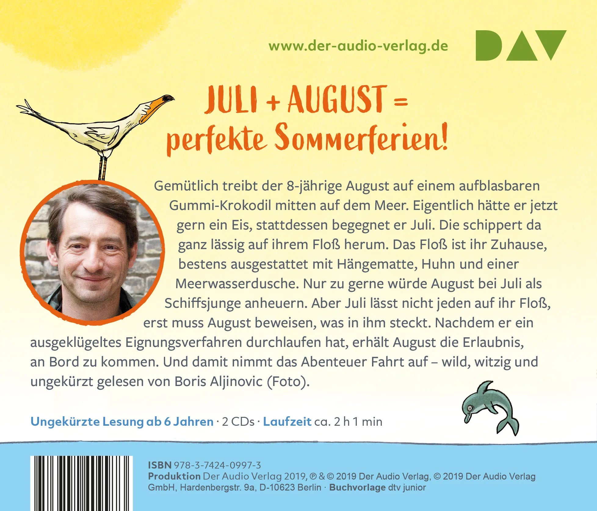 Buchrückseite von 'Juli und August – Krokodil über Bord!' mit Klappentext - Hörbuch (CD)