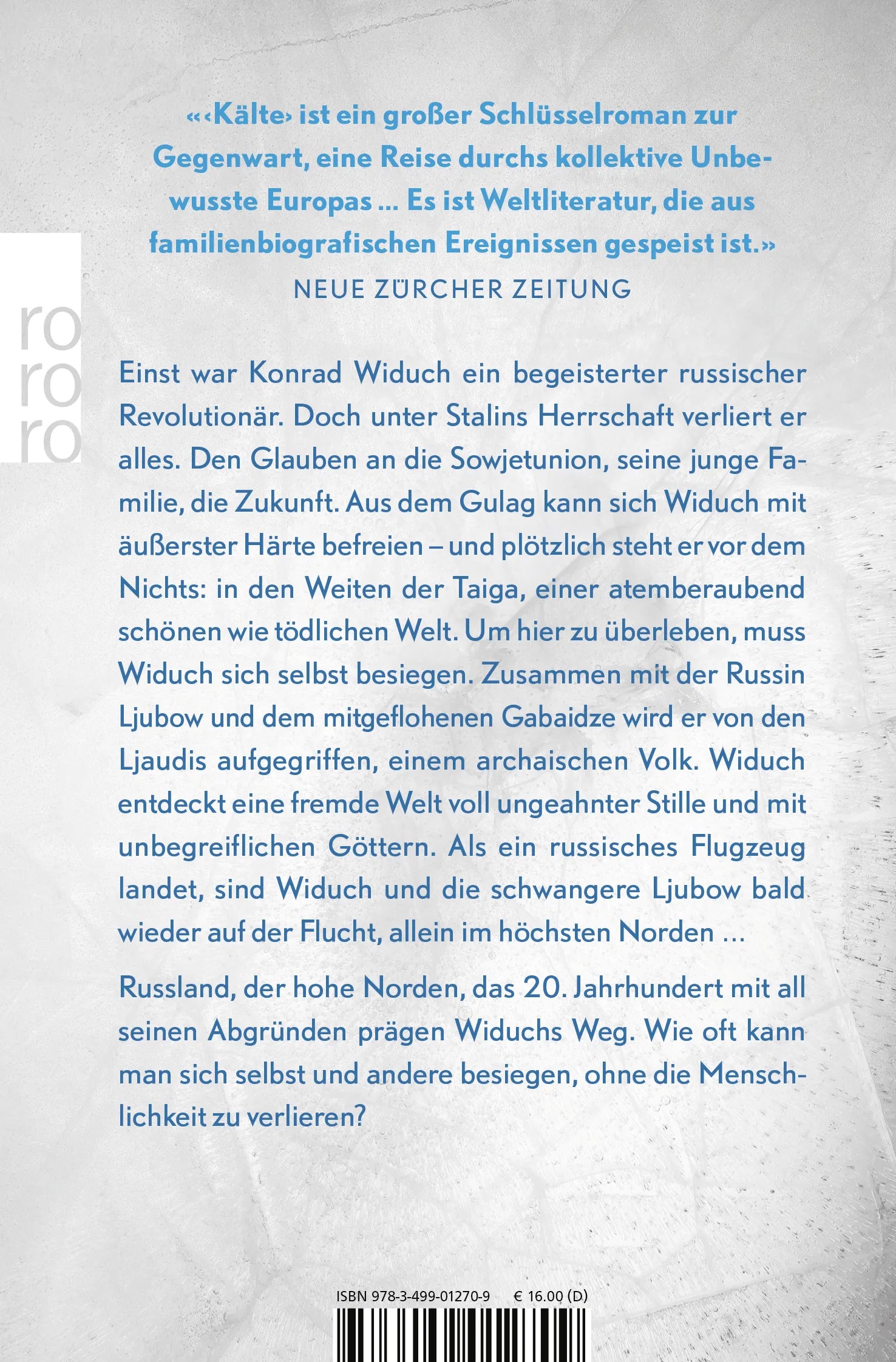 Buchrückseite von 'Kälte' mit Klappentext - Taschenbuch