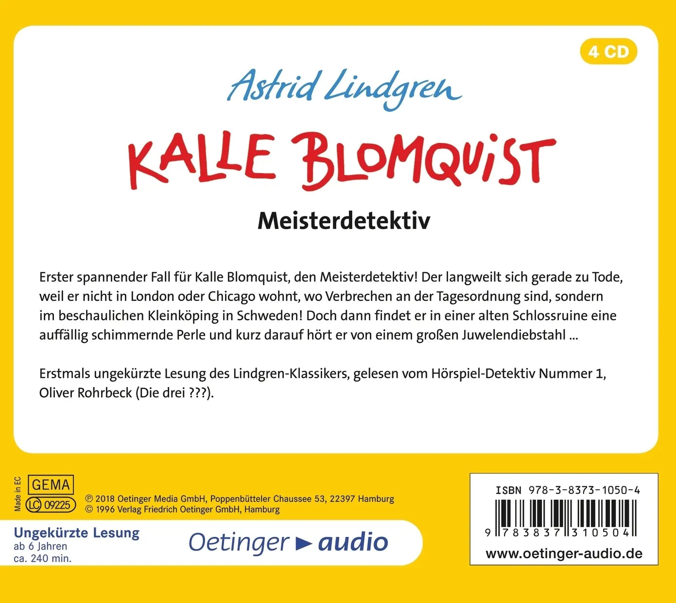 Buchrückseite von 'Kalle Blomquist 1. Meisterdetektiv' mit Klappentext - Hörbuch (CD)