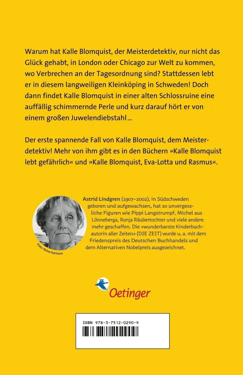 Buchrückseite von 'Kalle Blomquist 1. Meisterdetektiv' mit Klappentext - Taschenbuch