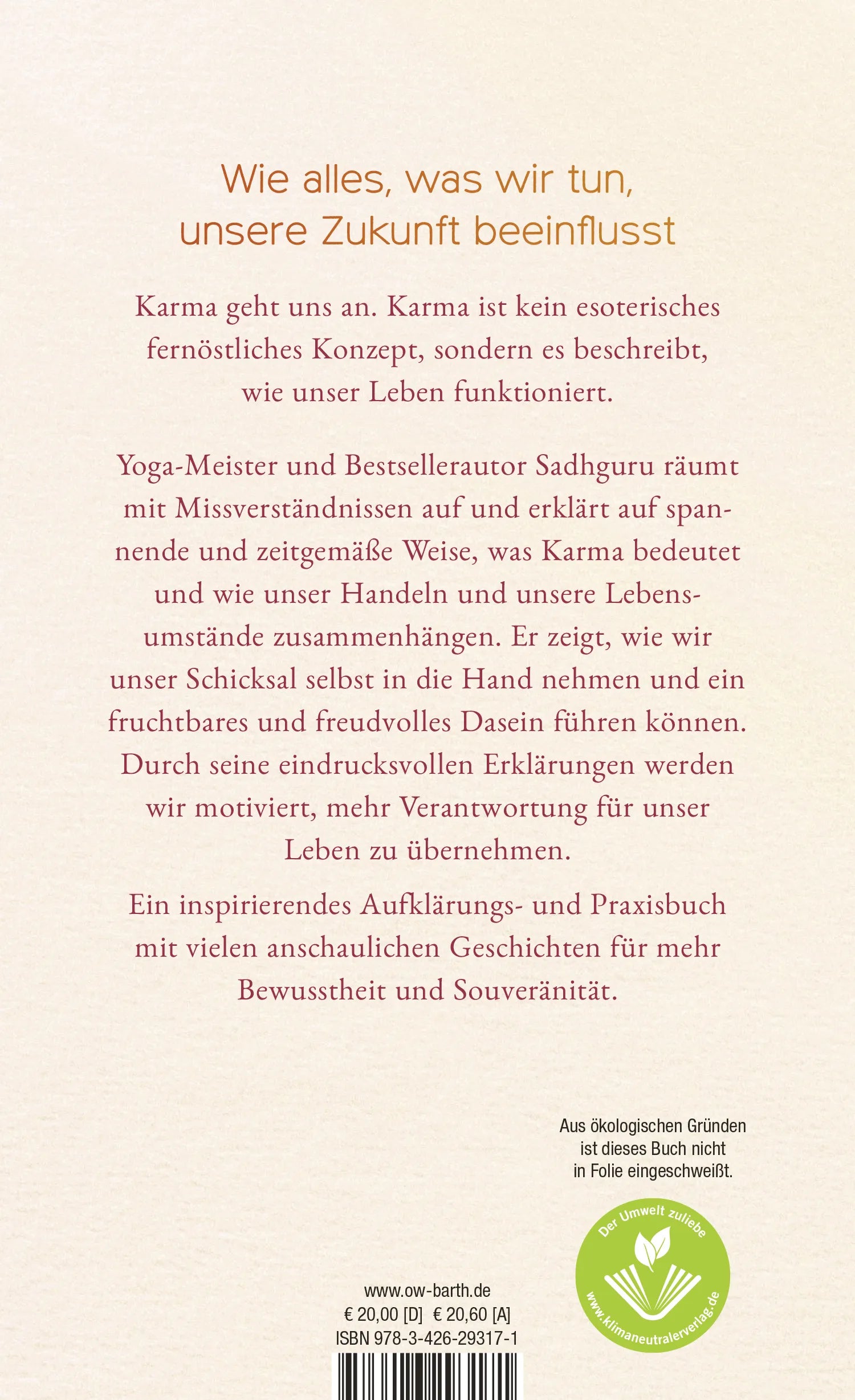 Buchrückseite von 'Karma' mit Klappentext - Gebundene Ausgabe