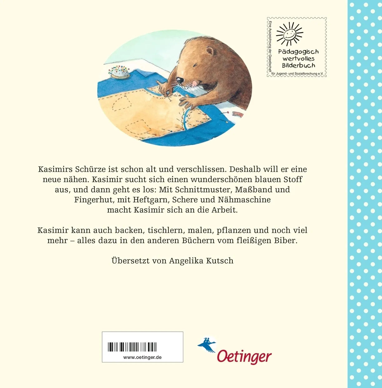 Buchrückseite von 'Kasimir näht' mit Klappentext - Gebundene Ausgabe