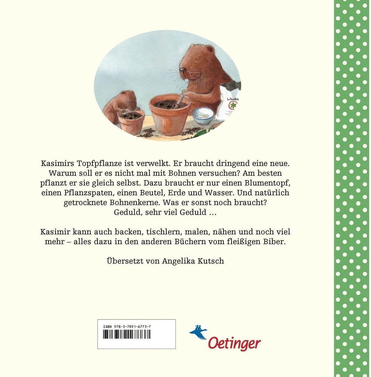 Buchrückseite von 'Kasimir pflanzt weiße Bohnen' mit Klappentext - Gebundene Ausgabe