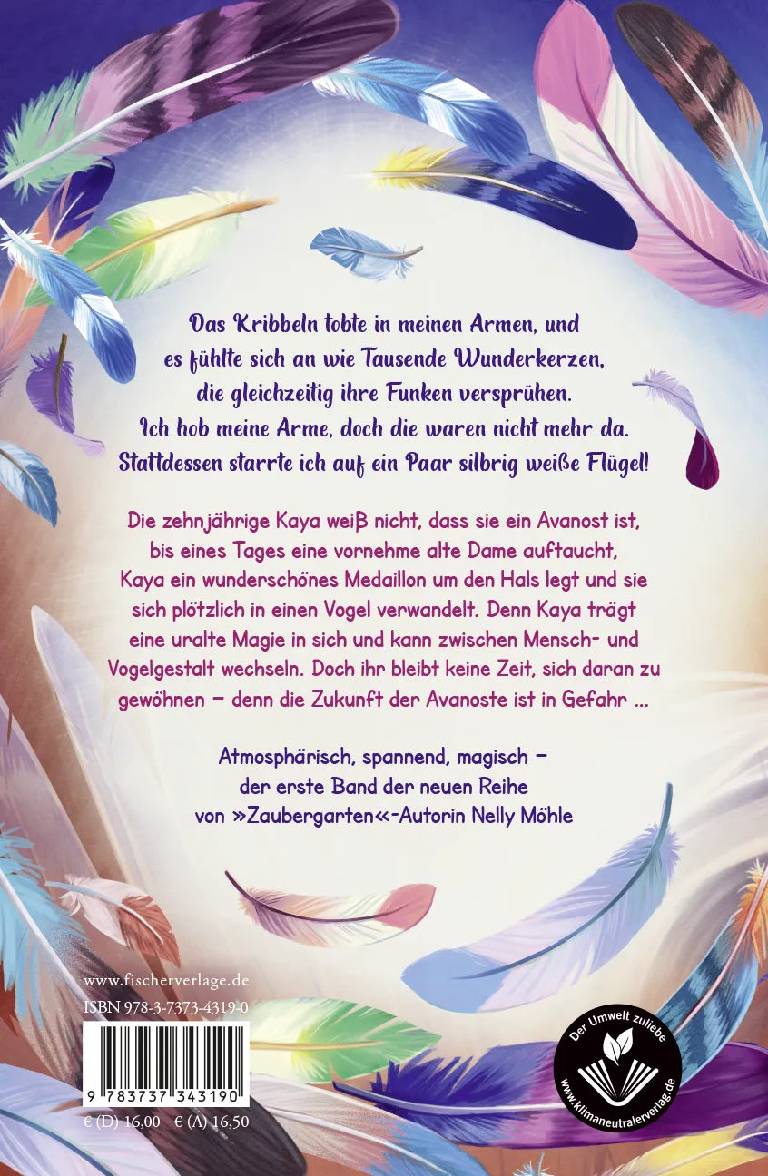 Buchrückseite von 'Kaya Silberflügel − Das Geheimnis der magischen Federn' mit Klappentext - Gebundene Ausgabe