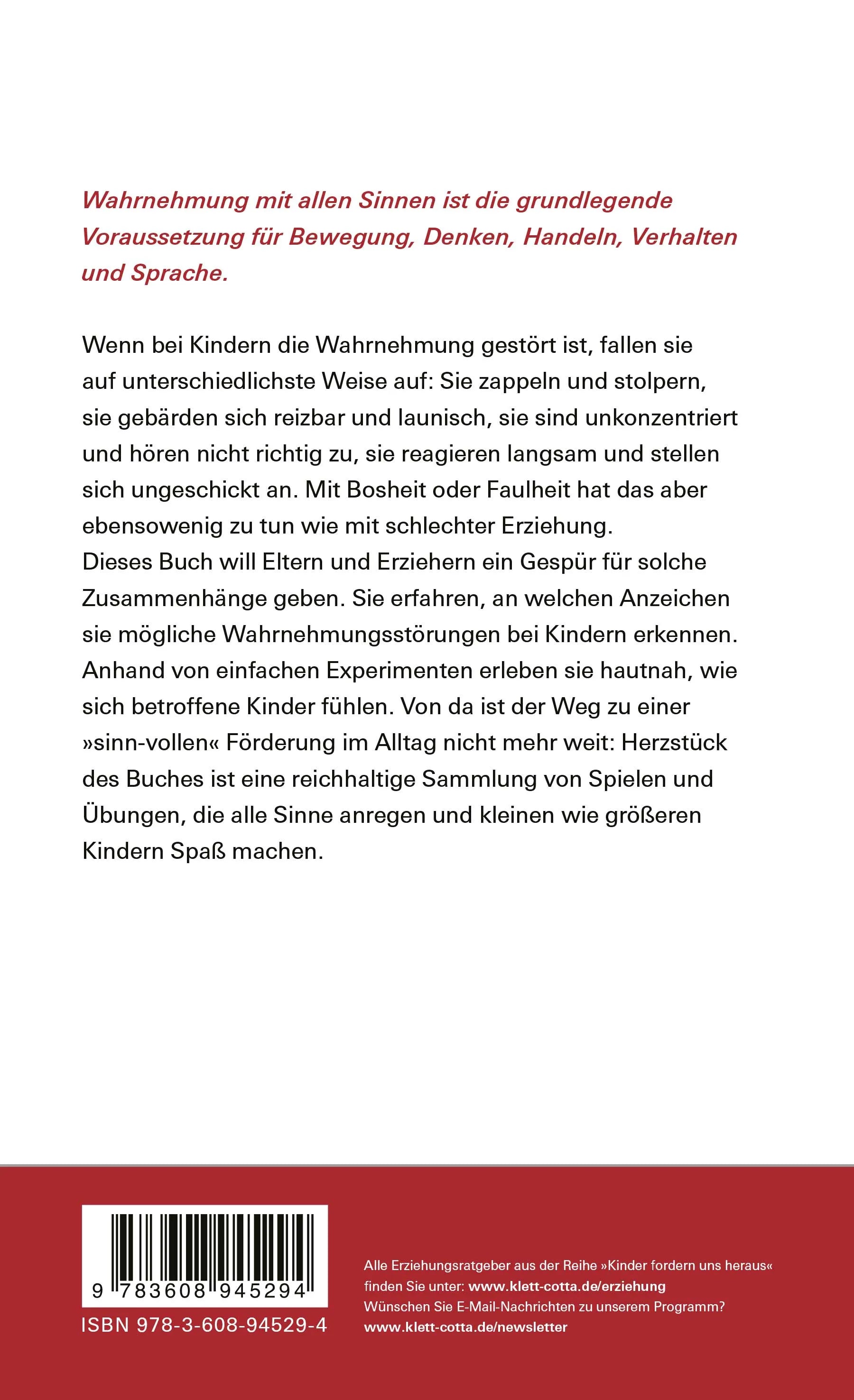 Buchrückseite von 'Kinder lernen mit allen Sinnen' mit Klappentext - Paperback