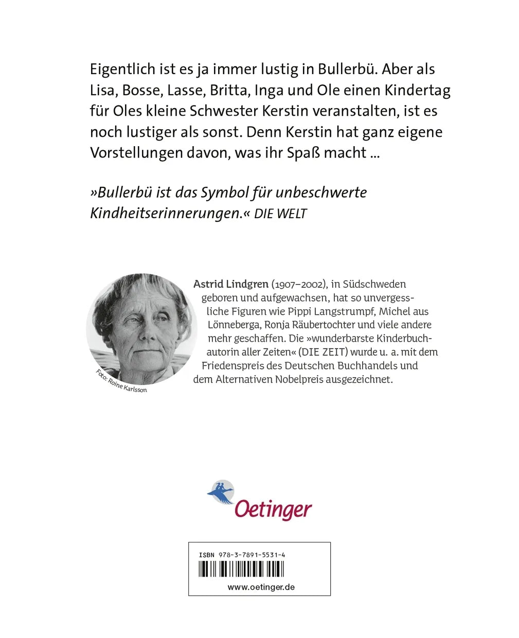 Buchrückseite von 'Kindertag in Bullerbü' mit Klappentext - Gebundene Ausgabe