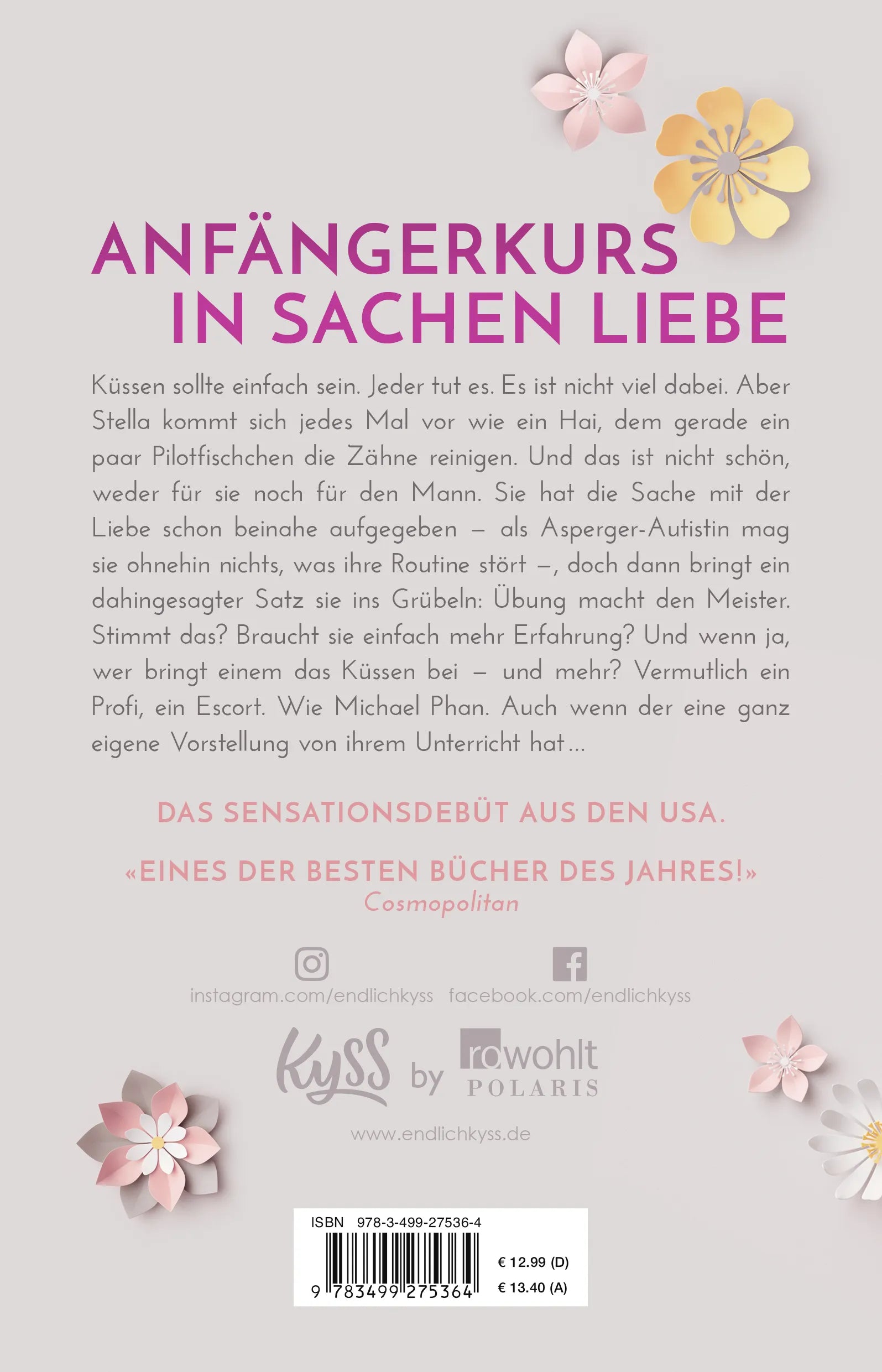Buchrückseite von 'Kissing Lessons' mit Klappentext - Paperback