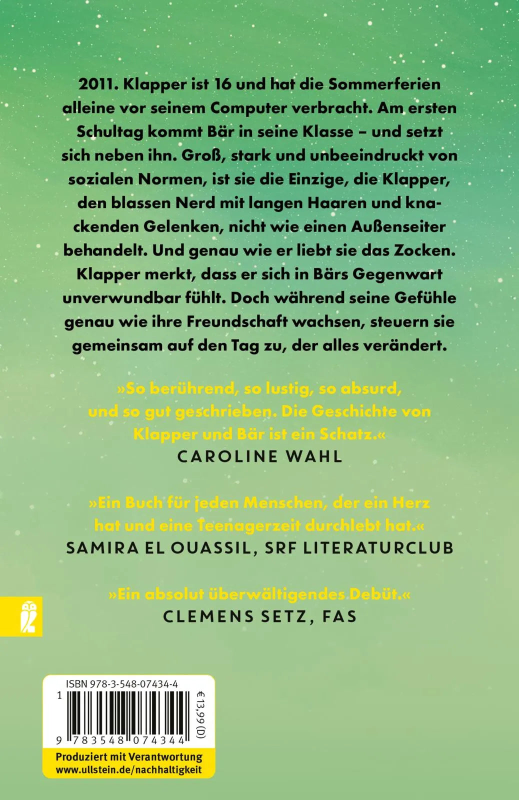 Buchrückseite von 'Klapper' mit Klappentext - Taschenbuch