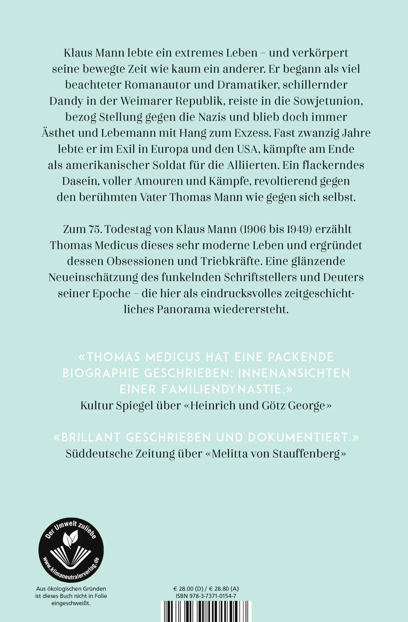 Buchrückseite von 'Klaus Mann' mit Klappentext - Gebundene Ausgabe
