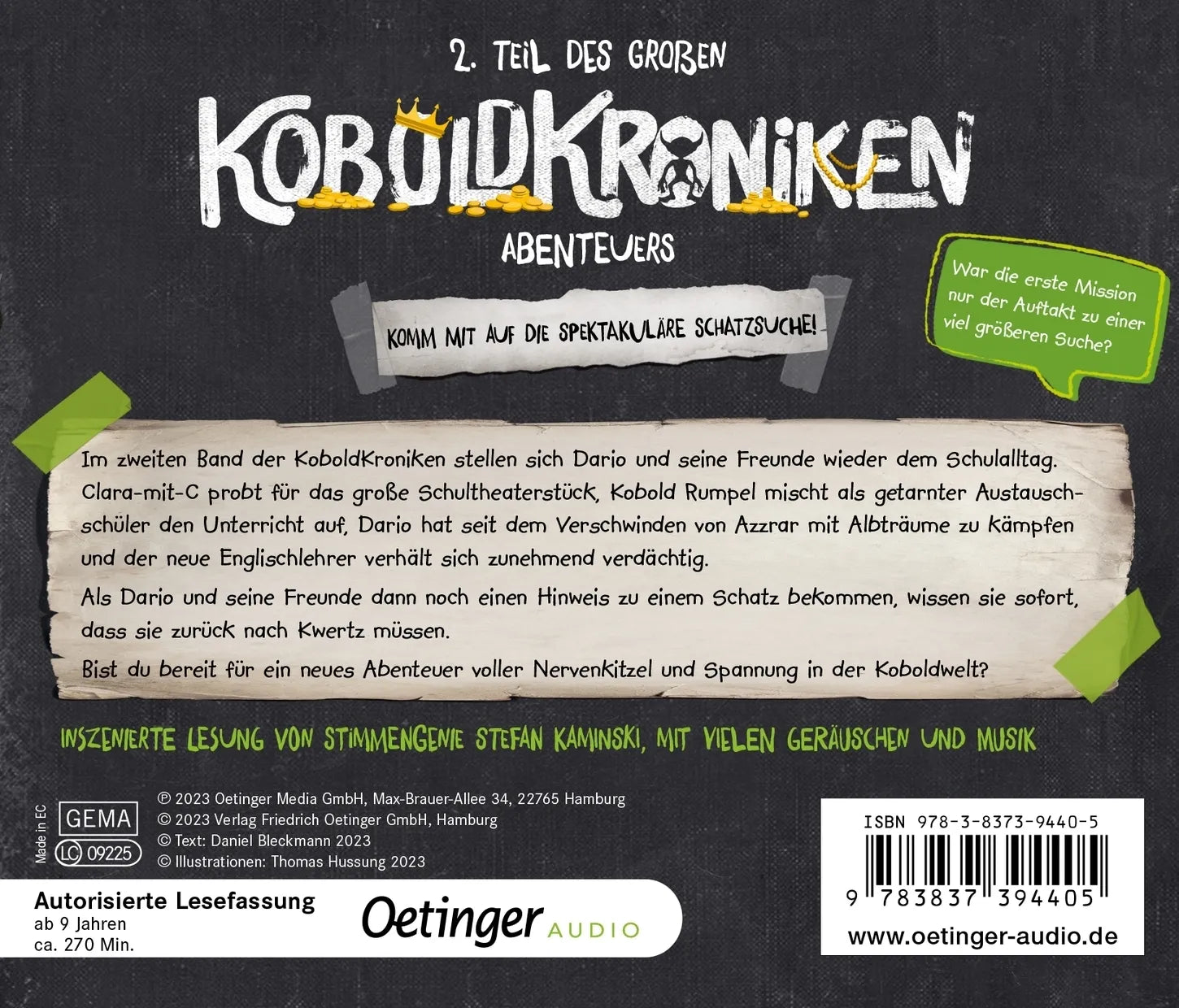 Buchrückseite von 'KoboldKroniken 2. Voll verschatzt!' mit Klappentext - Hörbuch (CD)