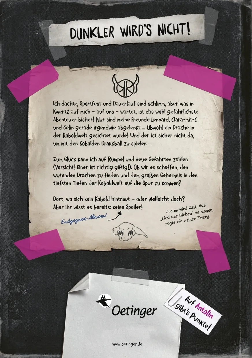 Buchrückseite von 'KoboldKroniken 4. Drachenjagd im Dunkeln' mit Klappentext - Gebundene Ausgabe