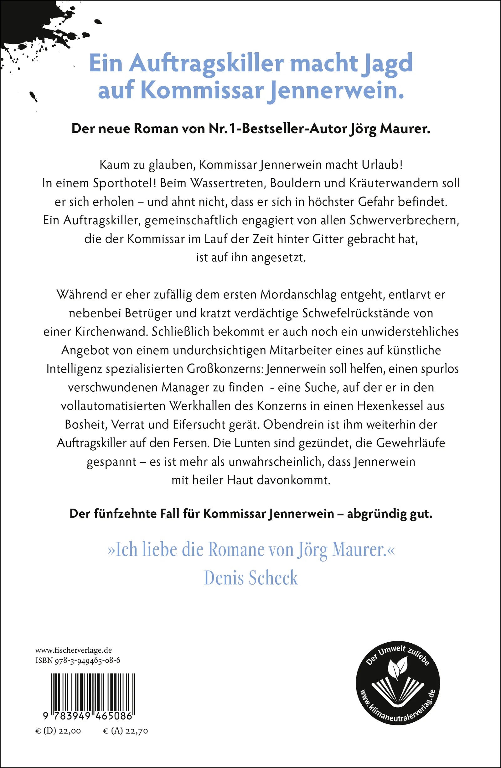 Buchrückseite von 'Kommissar Jennerwein darf nicht sterben' mit Klappentext - Gebundene Ausgabe