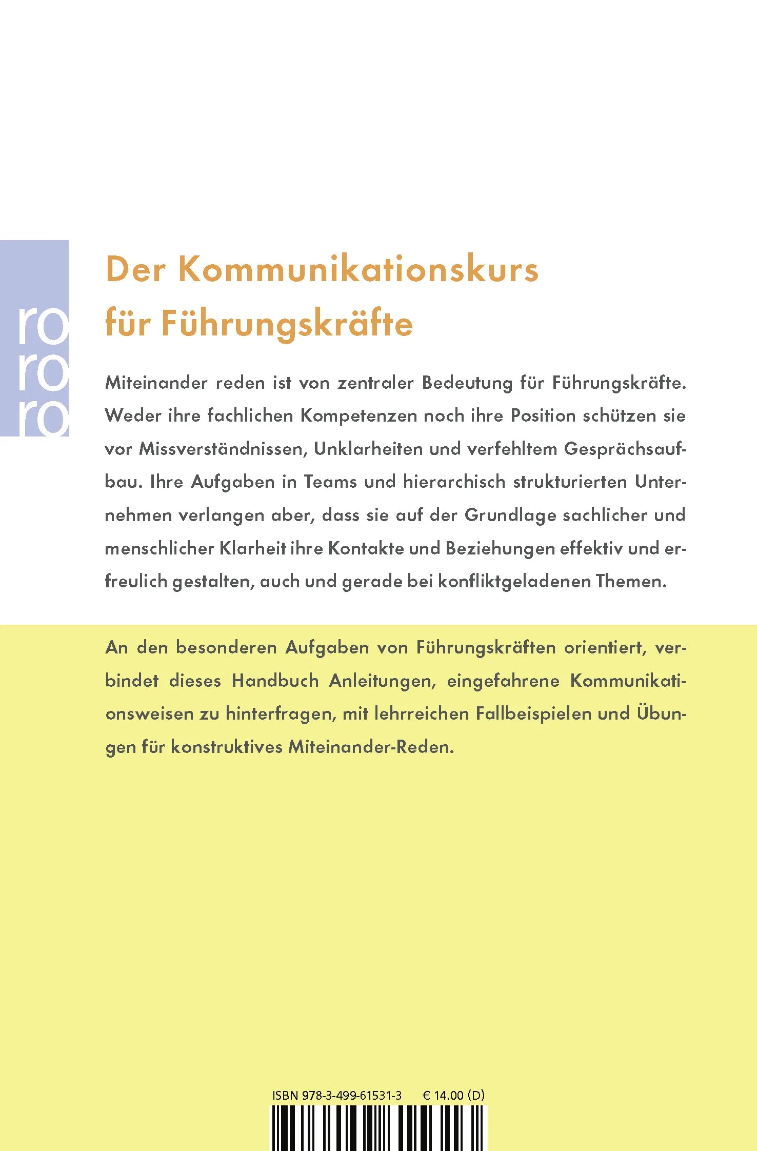 Buchrückseite von 'Kommunikationspsychologie für Führungskräfte' mit Klappentext - Taschenbuch