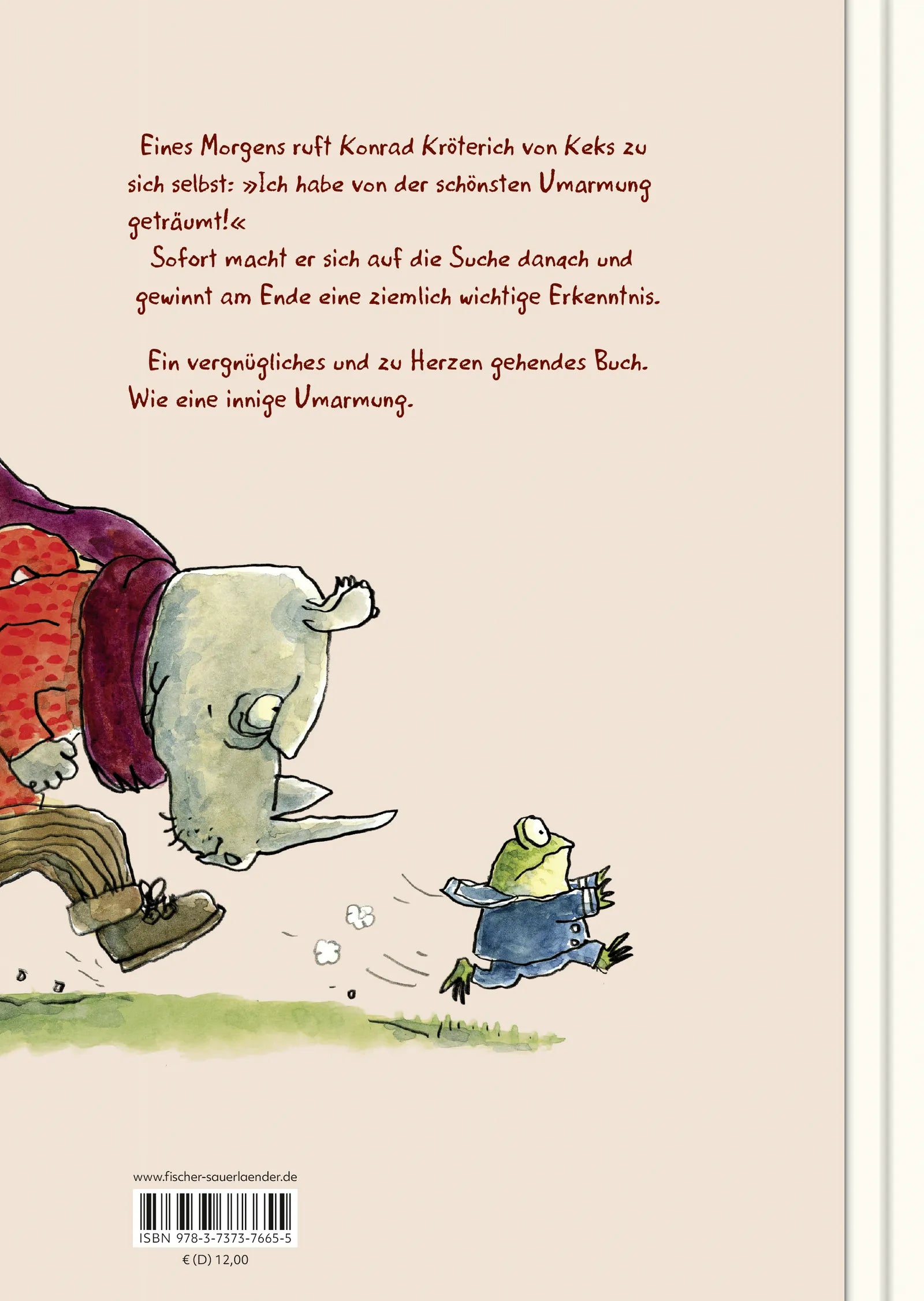 Buchrückseite von 'Konrad Kröterich und die Suche nach der allerschönsten Umarmung' mit Klappentext - Gebundene Ausgabe