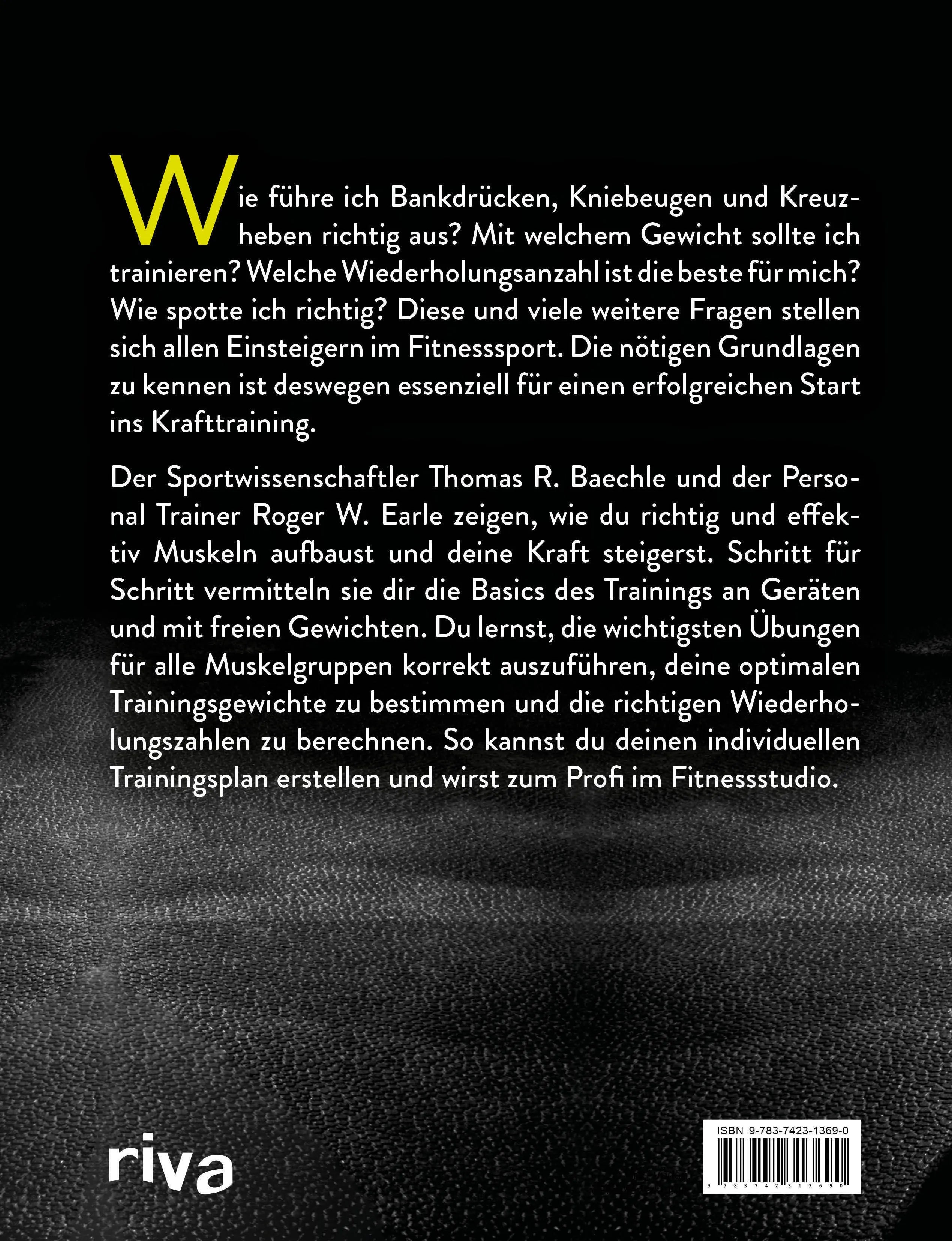 Buchrückseite von 'Krafttraining – Das Handbuch für Einsteiger' mit Klappentext - Taschenbuch