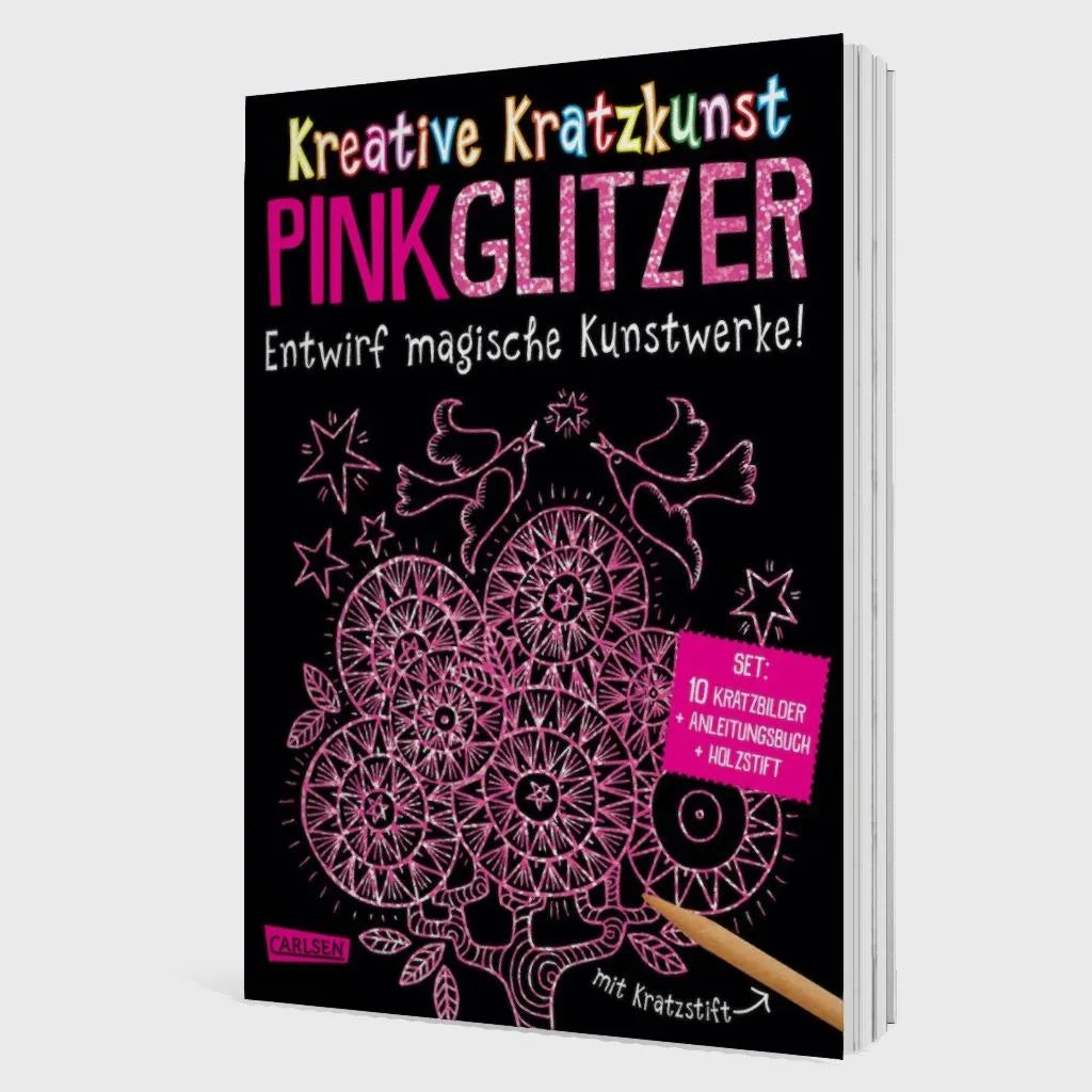 Abbildung von 'Kratzbilder für Kinder: Kreative Kratzkunst: Pink Glitzer: Set mit 10 Kratzbildern, Anleitungsbuch und Holzstift'