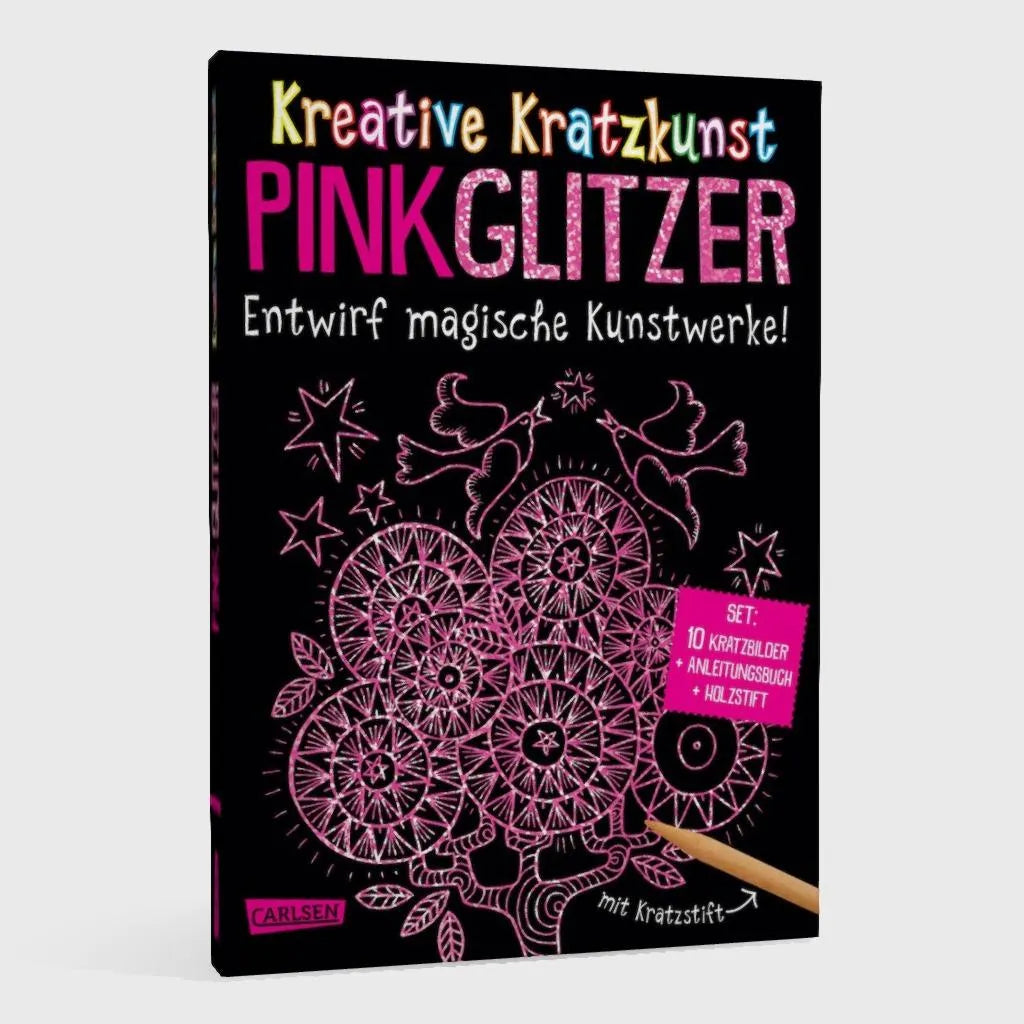 Produktansicht: Kratzbilder für Kinder: Kreative Kratzkunst: Pink Glitzer: Set mit 10 Kratzbildern, Anleitungsbuch und Holzstift (Taschenbuch)