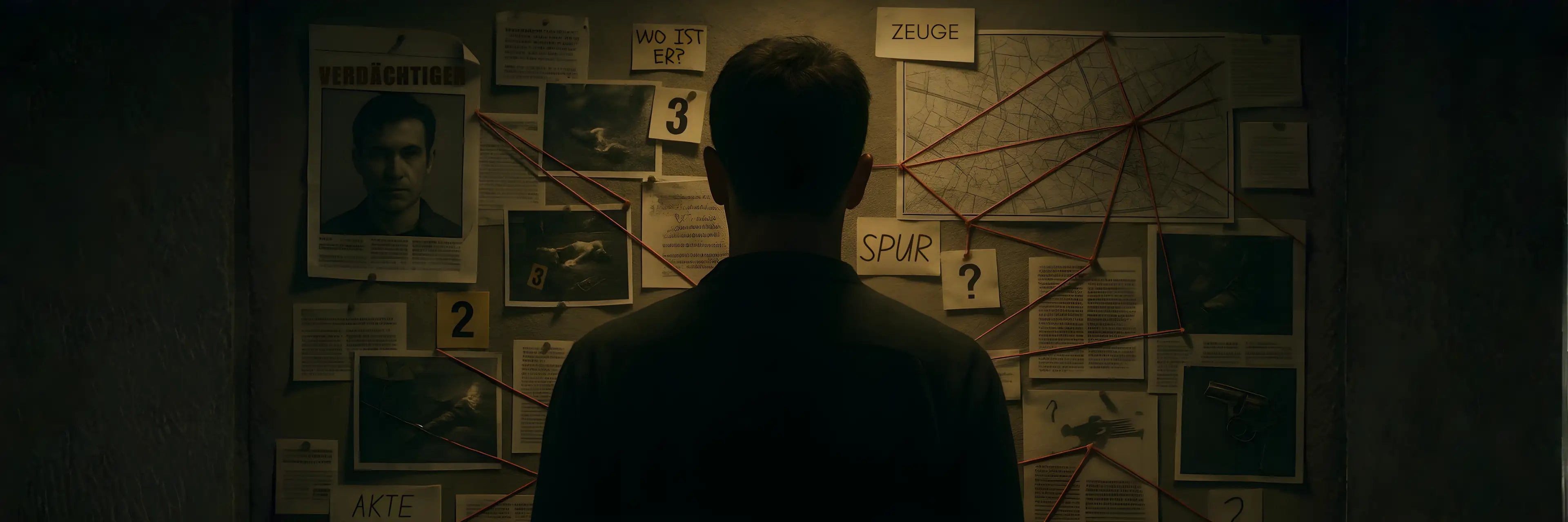 Krimis und Thriller Bücher Kollektion Banner mit einer mysteriösen Ermittlerwand für Desktop.