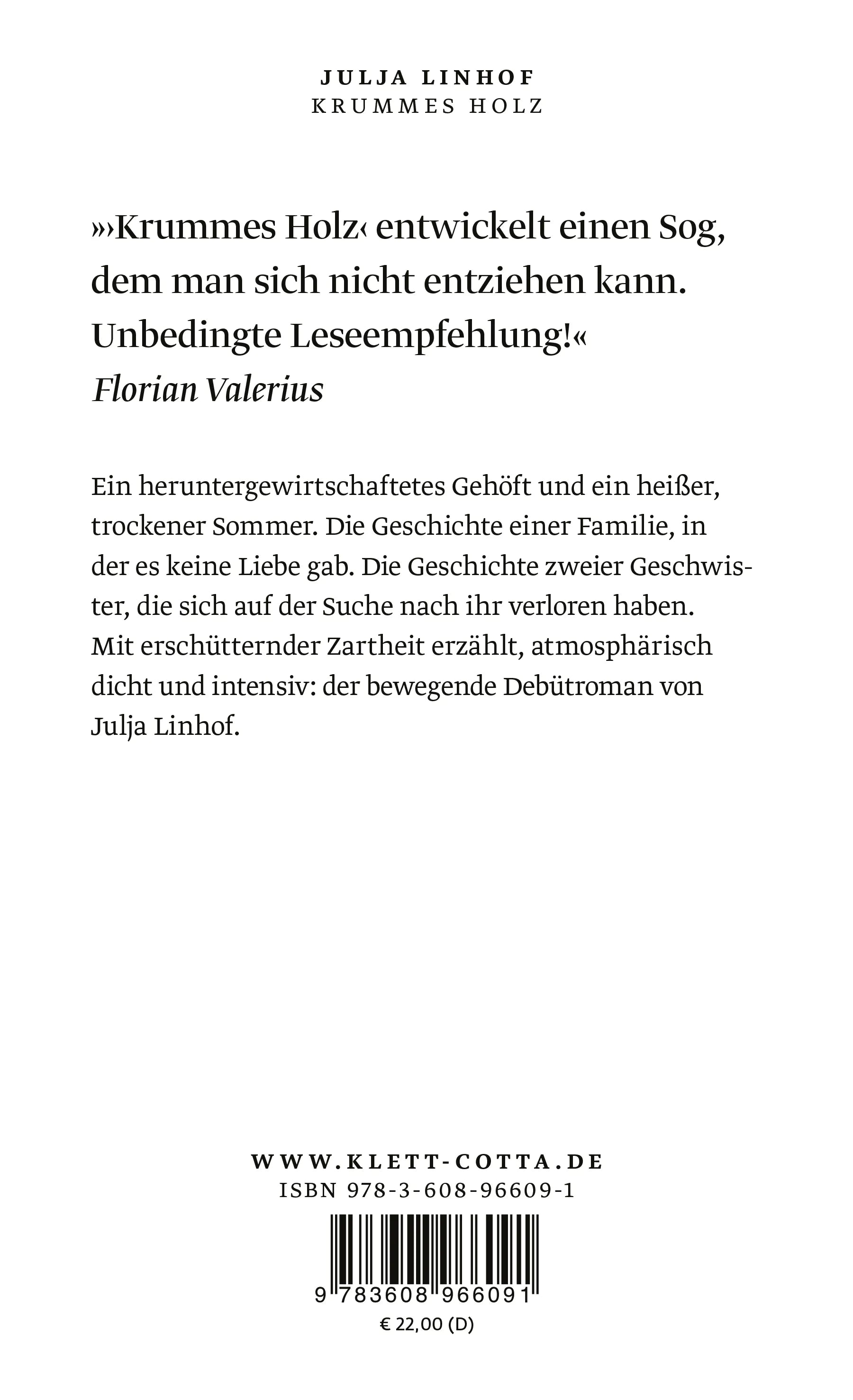 Buchrückseite von 'Krummes Holz' mit Klappentext - Gebundene Ausgabe
