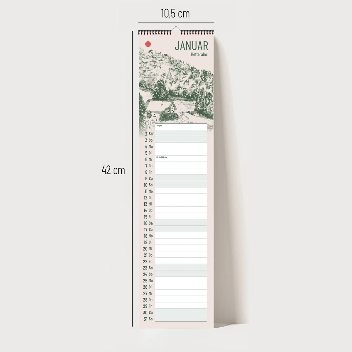 Küchenkalender 2027 – Chiemgauer Almen | Handgezeichneter Wandkalender mit 12 Almen | Illustrativer Monatskalender – Ansicht