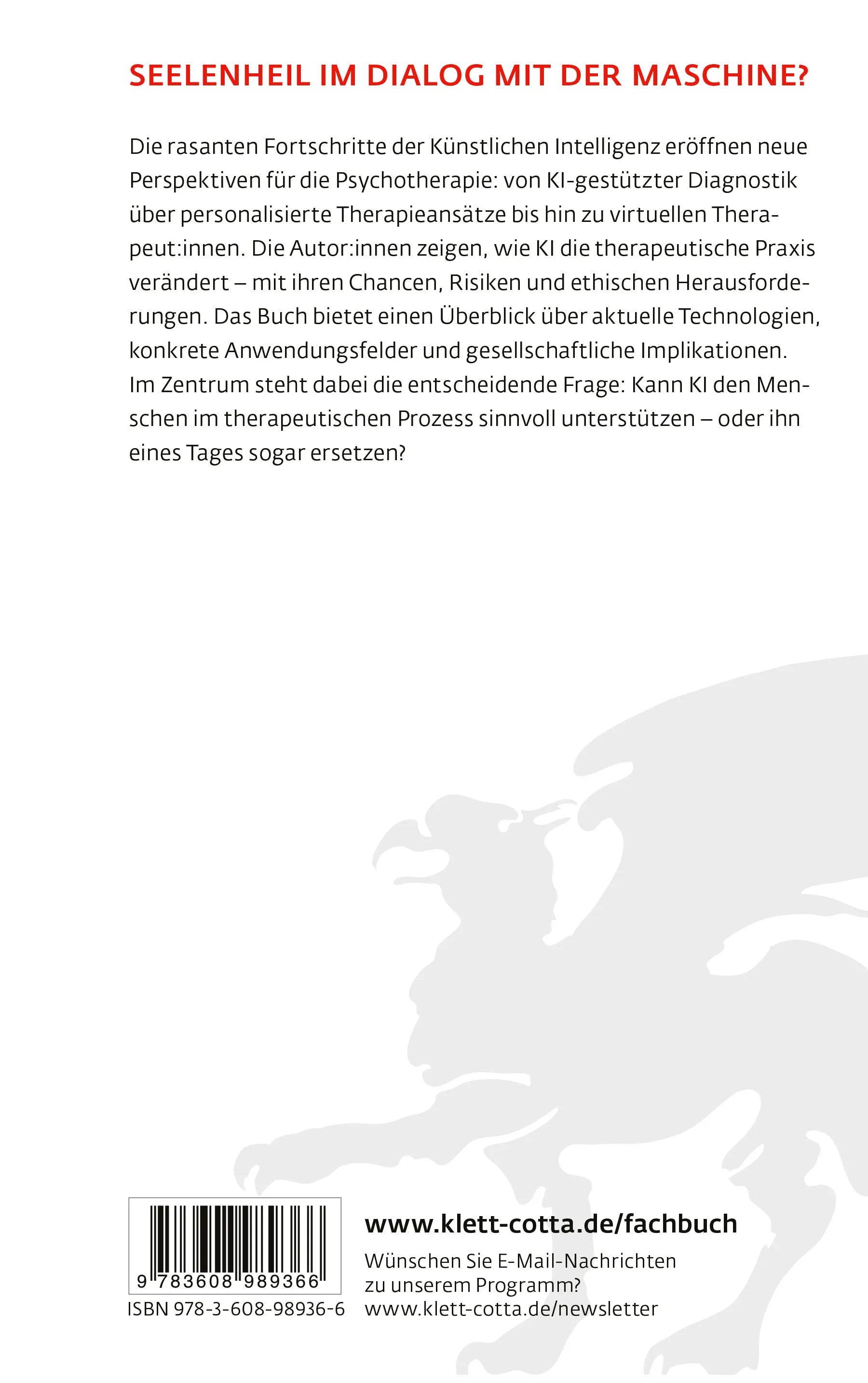 Buchrückseite von 'Künstliche Intelligenz und Psychotherapie' mit Klappentext - Paperback