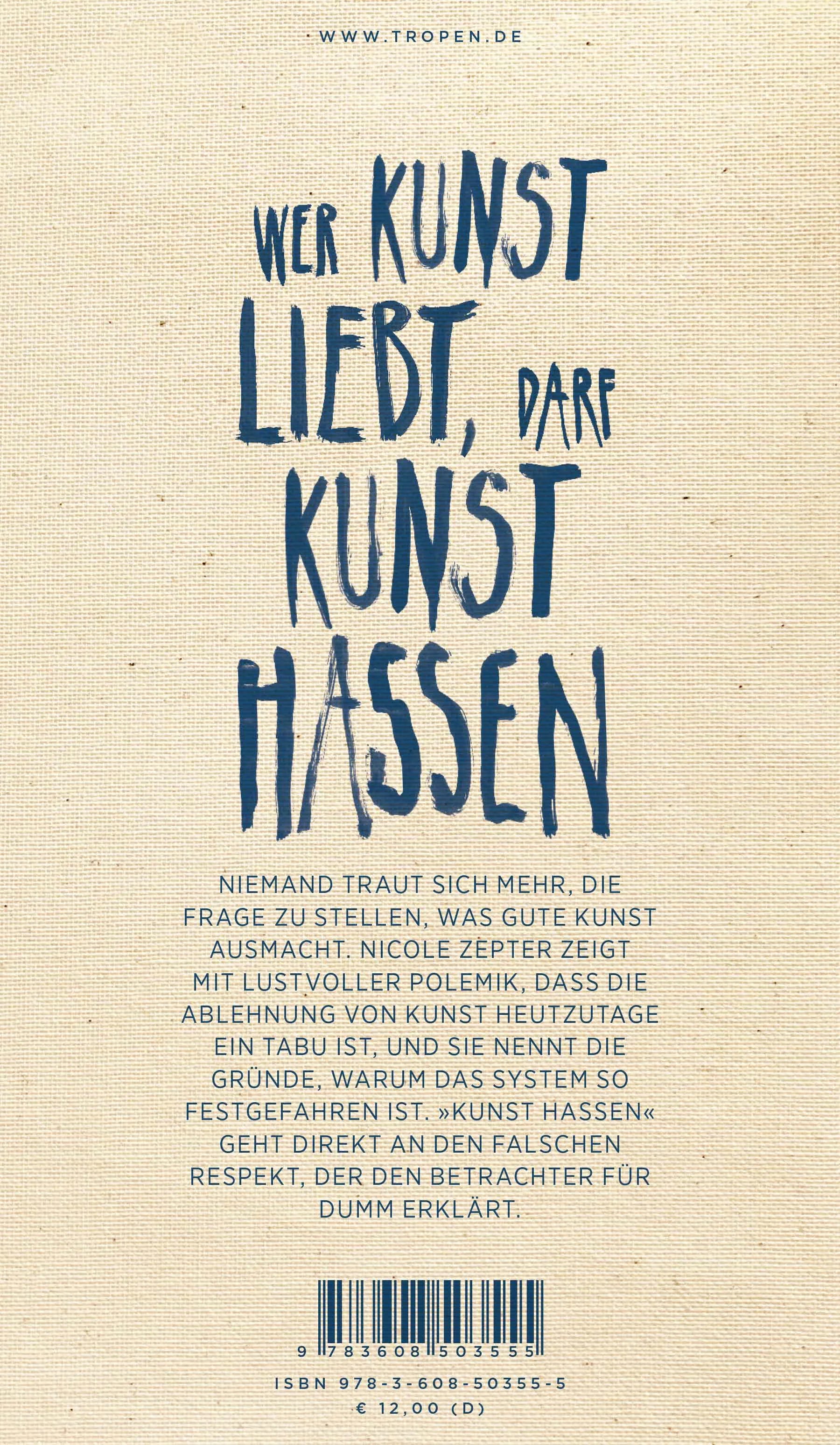 Buchrückseite von 'Kunst hassen' mit Klappentext - Taschenbuch