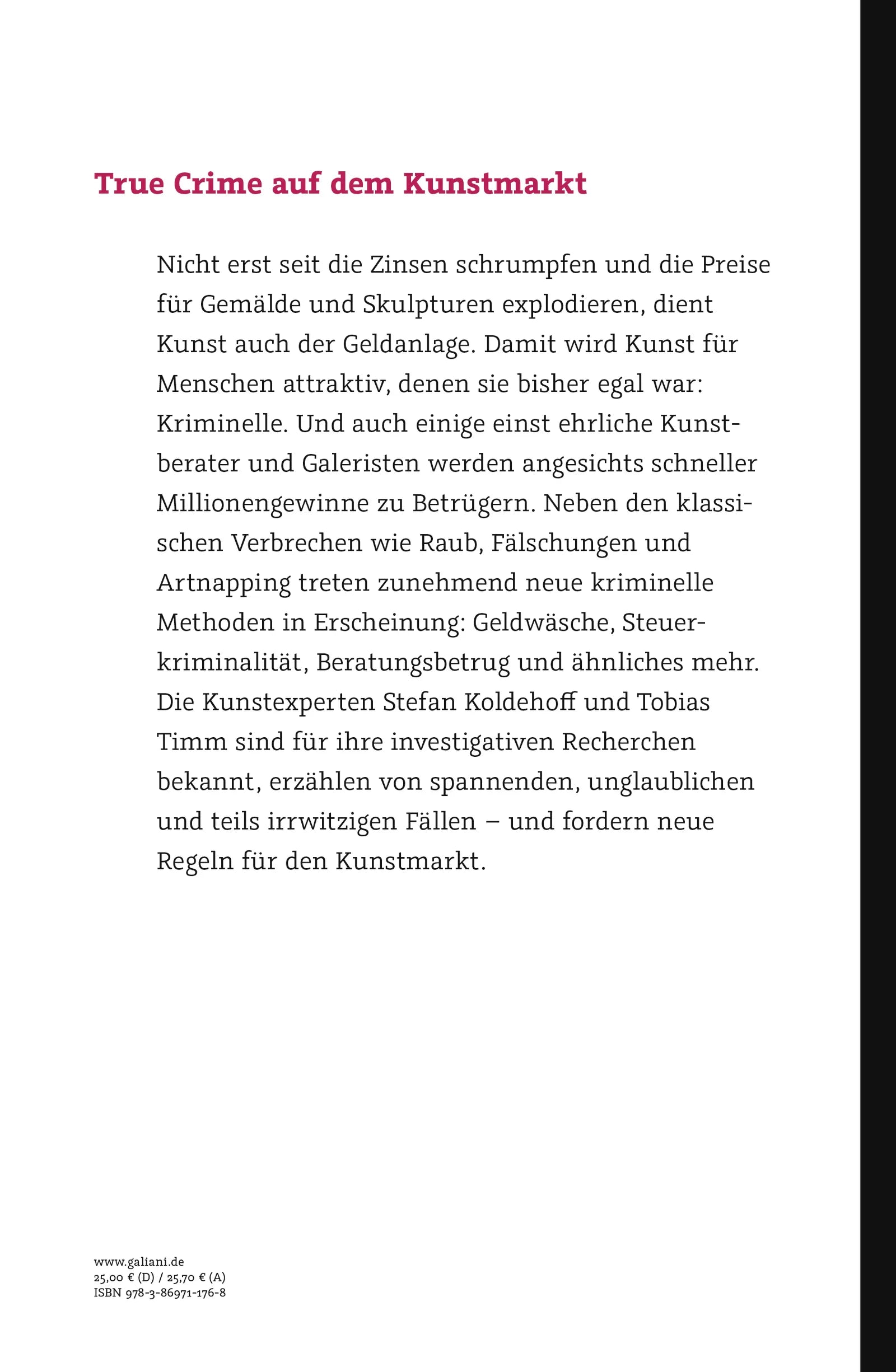 Buchrückseite von 'Kunst und Verbrechen' mit Klappentext - Gebundene Ausgabe