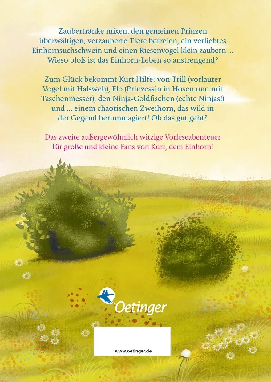 Buchrückseite von 'Kurt, Einhorn wider Willen 2. EinHorn kommt selten allein' mit Klappentext - Gebundene Ausgabe