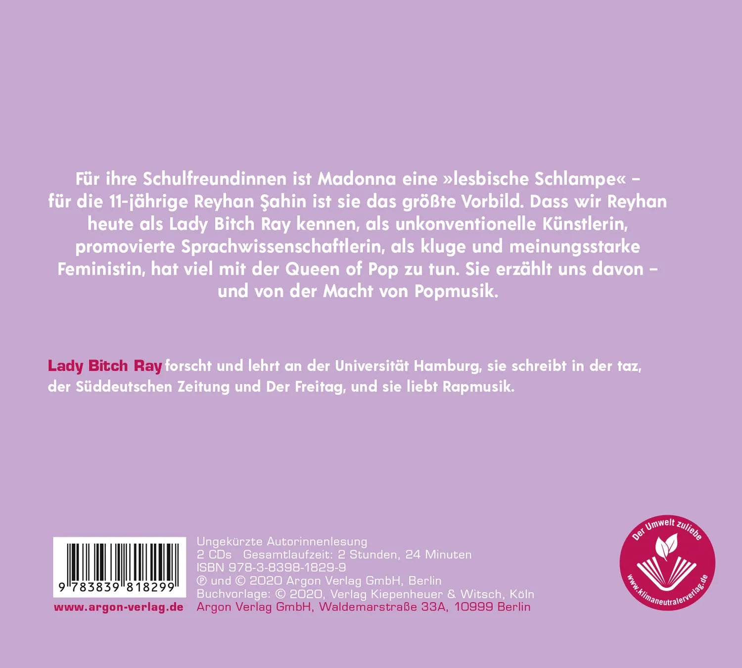 Buchrückseite von 'Lady Bitch Ray über Madonna' mit Klappentext - Hörbuch (CD)