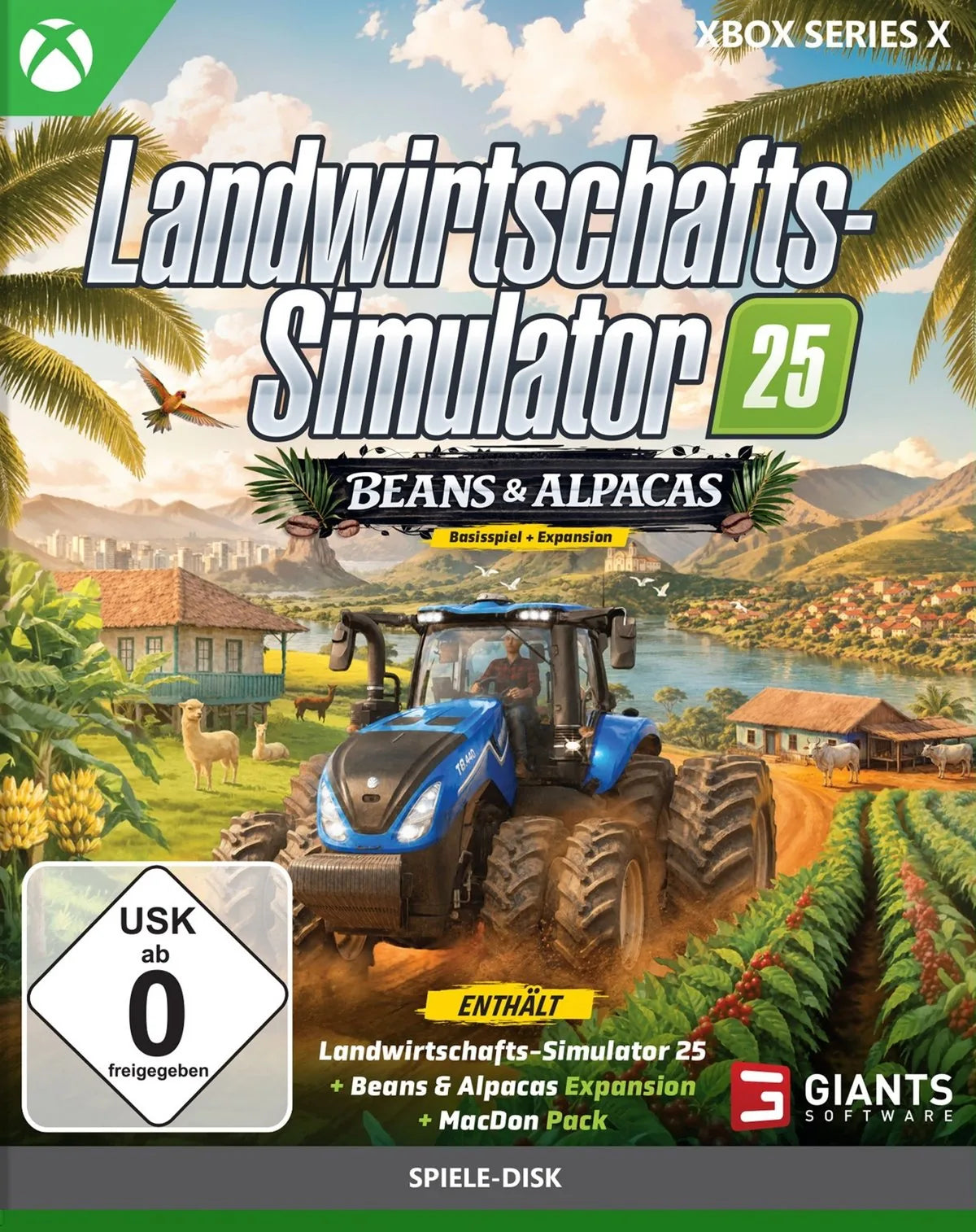 Cover: Landwirtschafts-Simulator 25 - Beans & Alpacas für Xbox Series X. Publisher: Bandai Namco Entertainment Germany