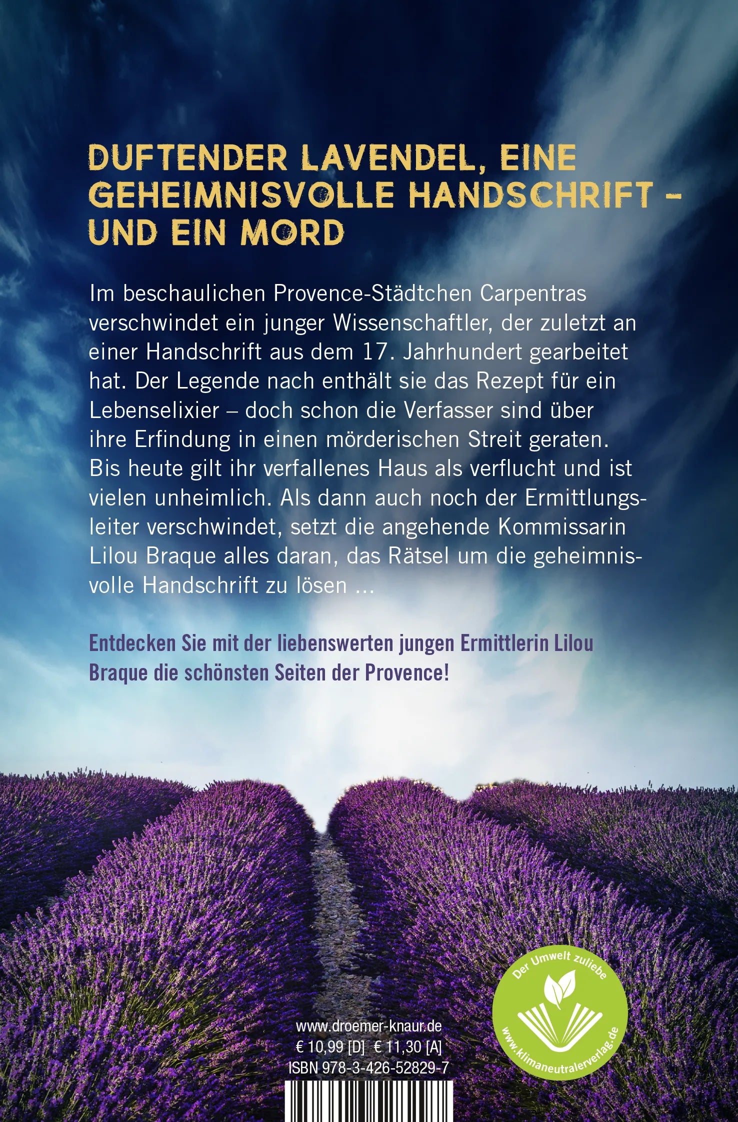 Buchrückseite von 'Lavendel-Grab' mit Klappentext - Taschenbuch