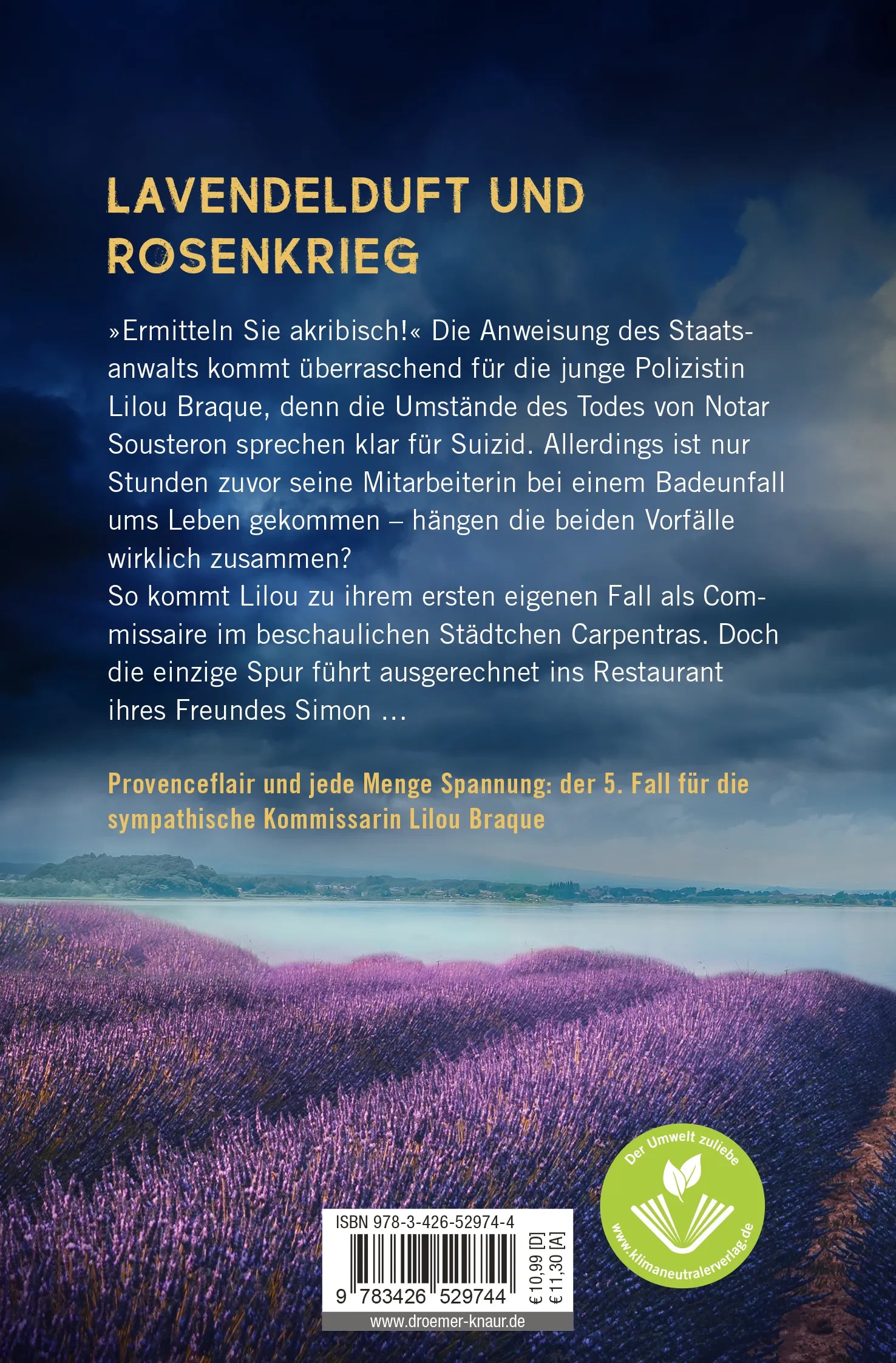 Buchrückseite von 'Lavendel-Zorn' mit Klappentext - Taschenbuch