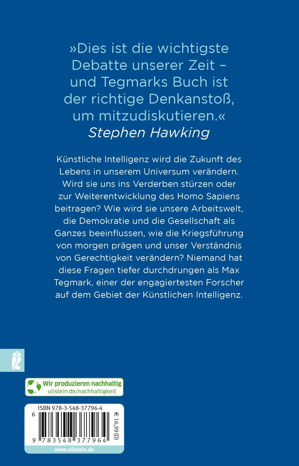 Buchrückseite von 'Leben 3.0' mit Klappentext - Taschenbuch