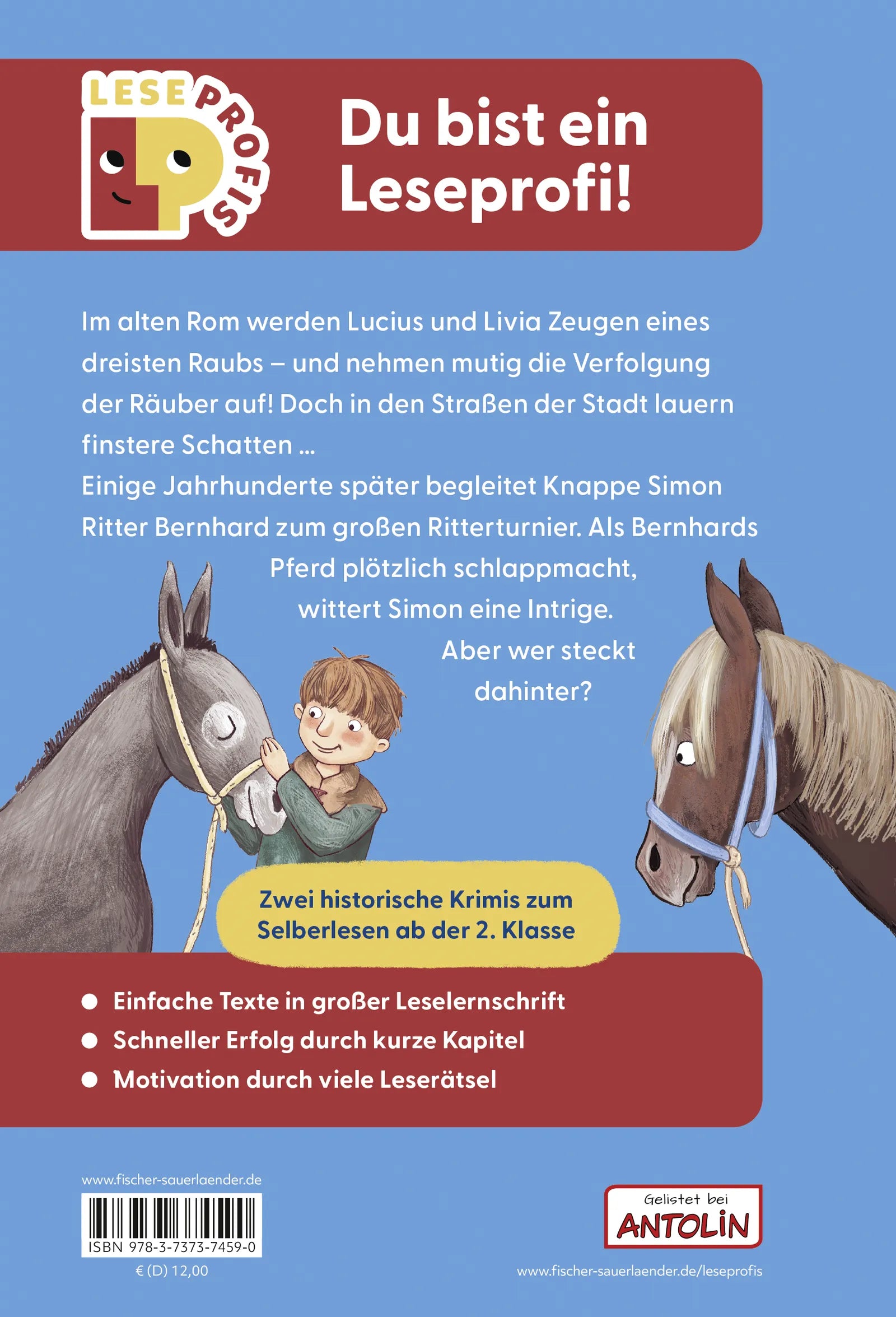 Buchrückseite von 'Leseprofis – Ritter, Römer, finstere Schurken, 2. Klasse' mit Klappentext - Gebundene Ausgabe