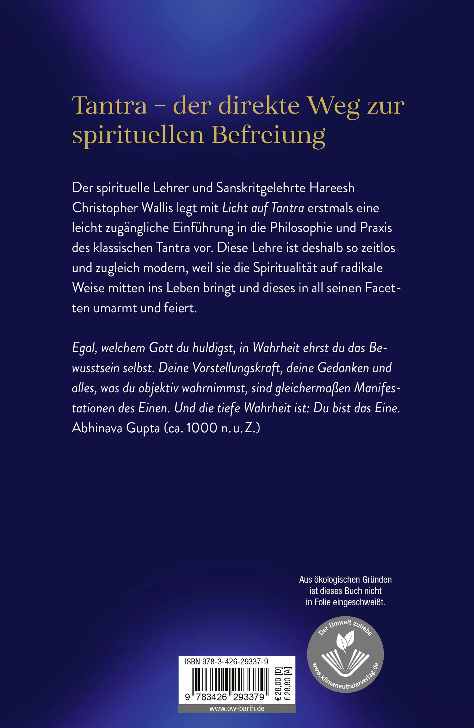 Buchrückseite von 'Licht auf Tantra' mit Klappentext - Gebundene Ausgabe