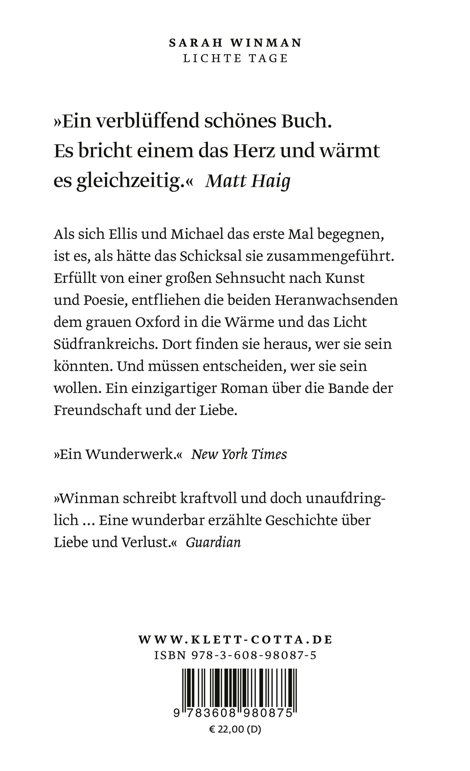 Buchrückseite von 'Lichte Tage' mit Klappentext - Gebundene Ausgabe
