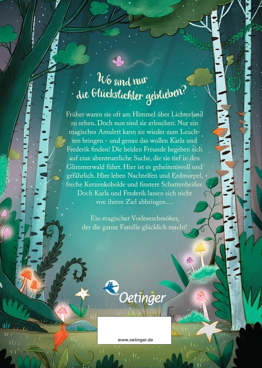 Buchrückseite von 'Lichterland 1. Die Suche nach dem magischen Amulett' mit Klappentext - Gebundene Ausgabe