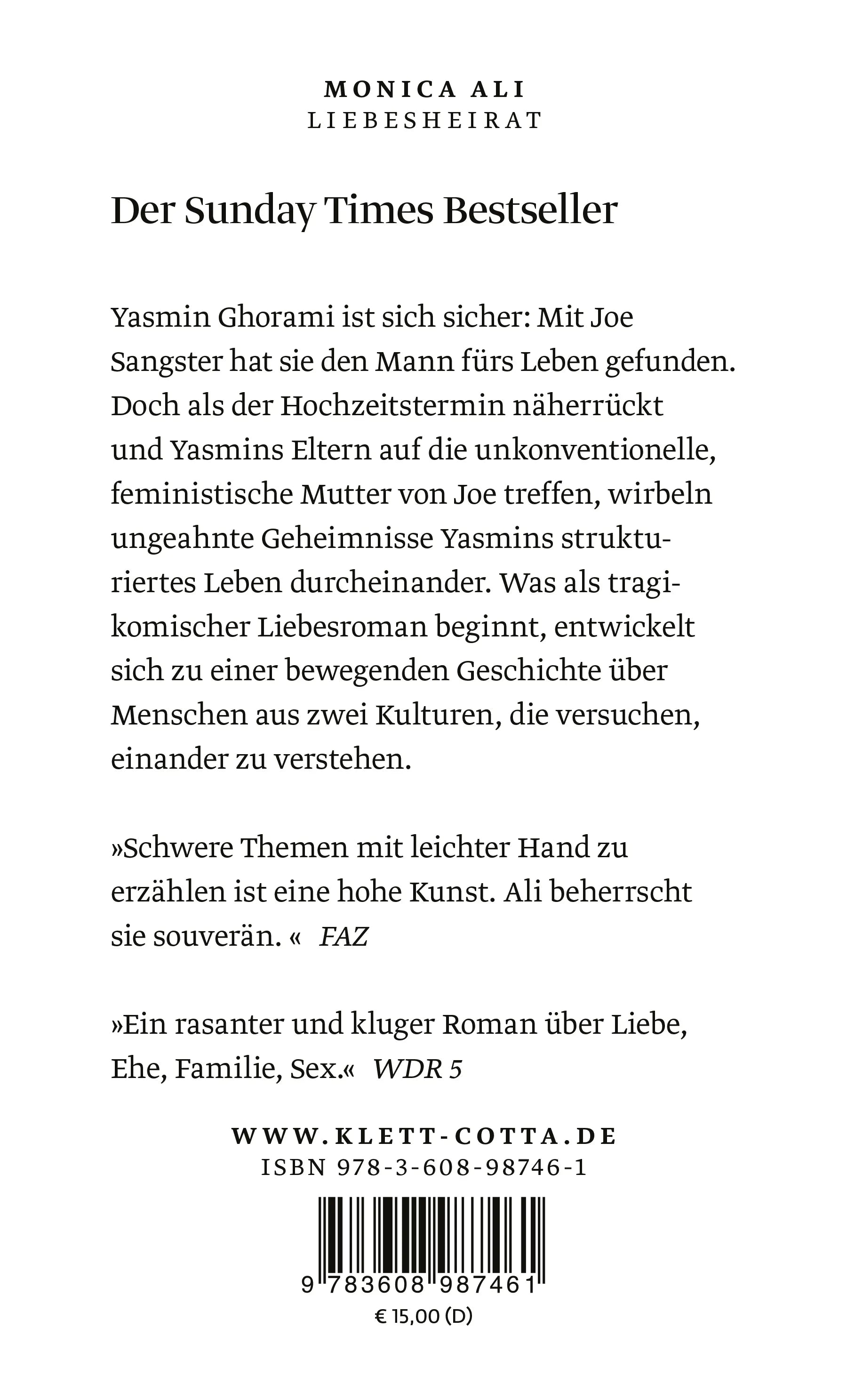 Buchrückseite von 'Liebesheirat' mit Klappentext - Taschenbuch