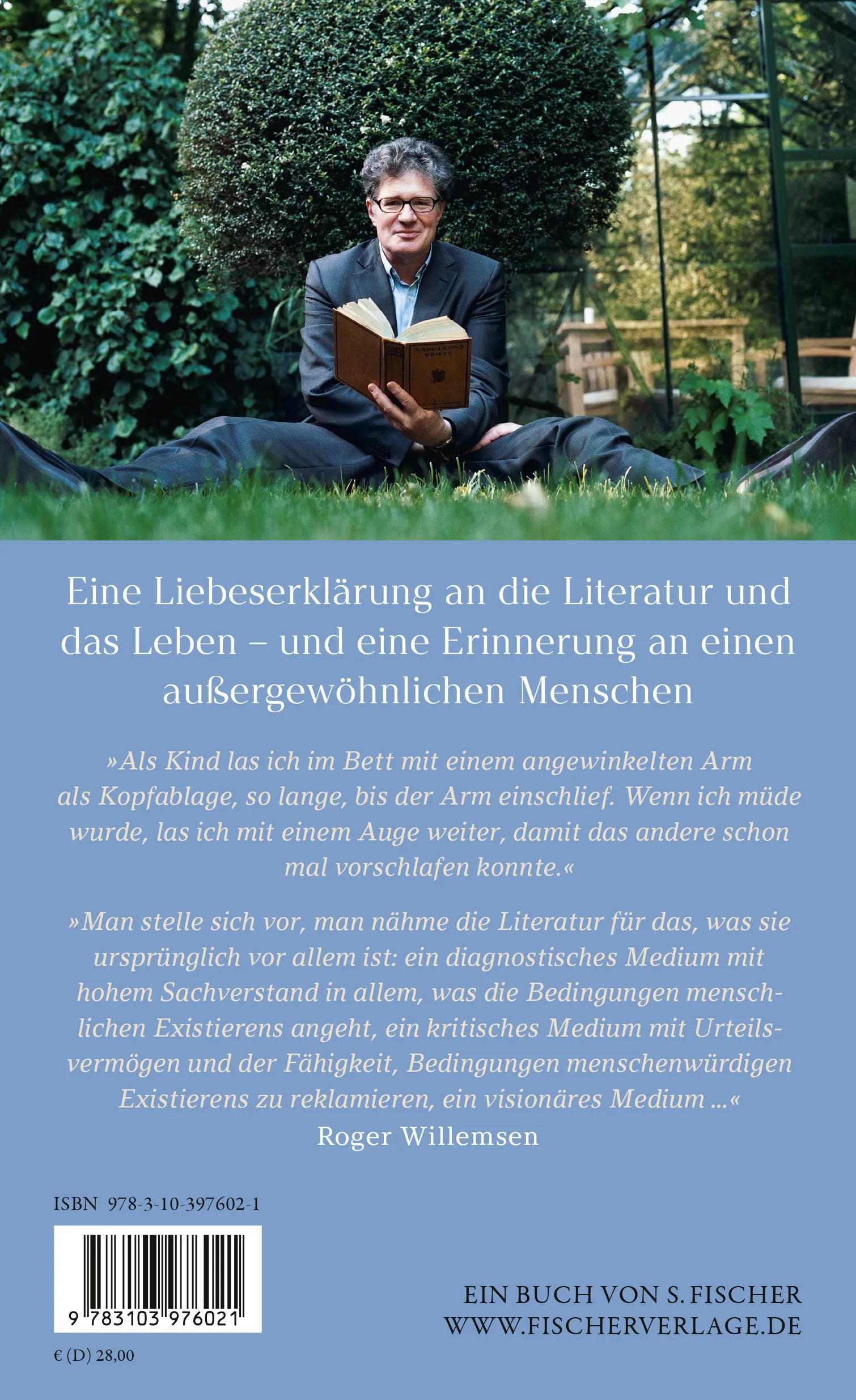 Buchrückseite von 'Liegen Sie bequem? Vom Lesen und von Büchern' mit Klappentext - Gebundene Ausgabe