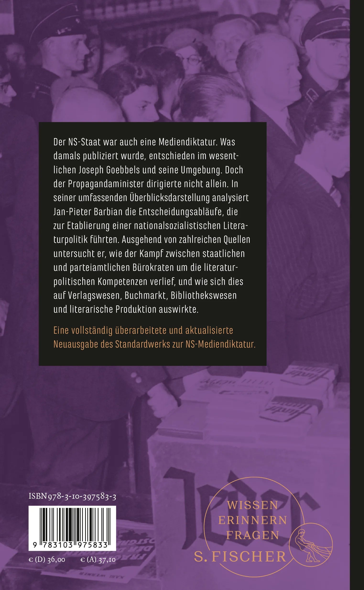 Buchrückseite von 'Literaturpolitik im NS-Staat' mit Klappentext - Gebundene Ausgabe