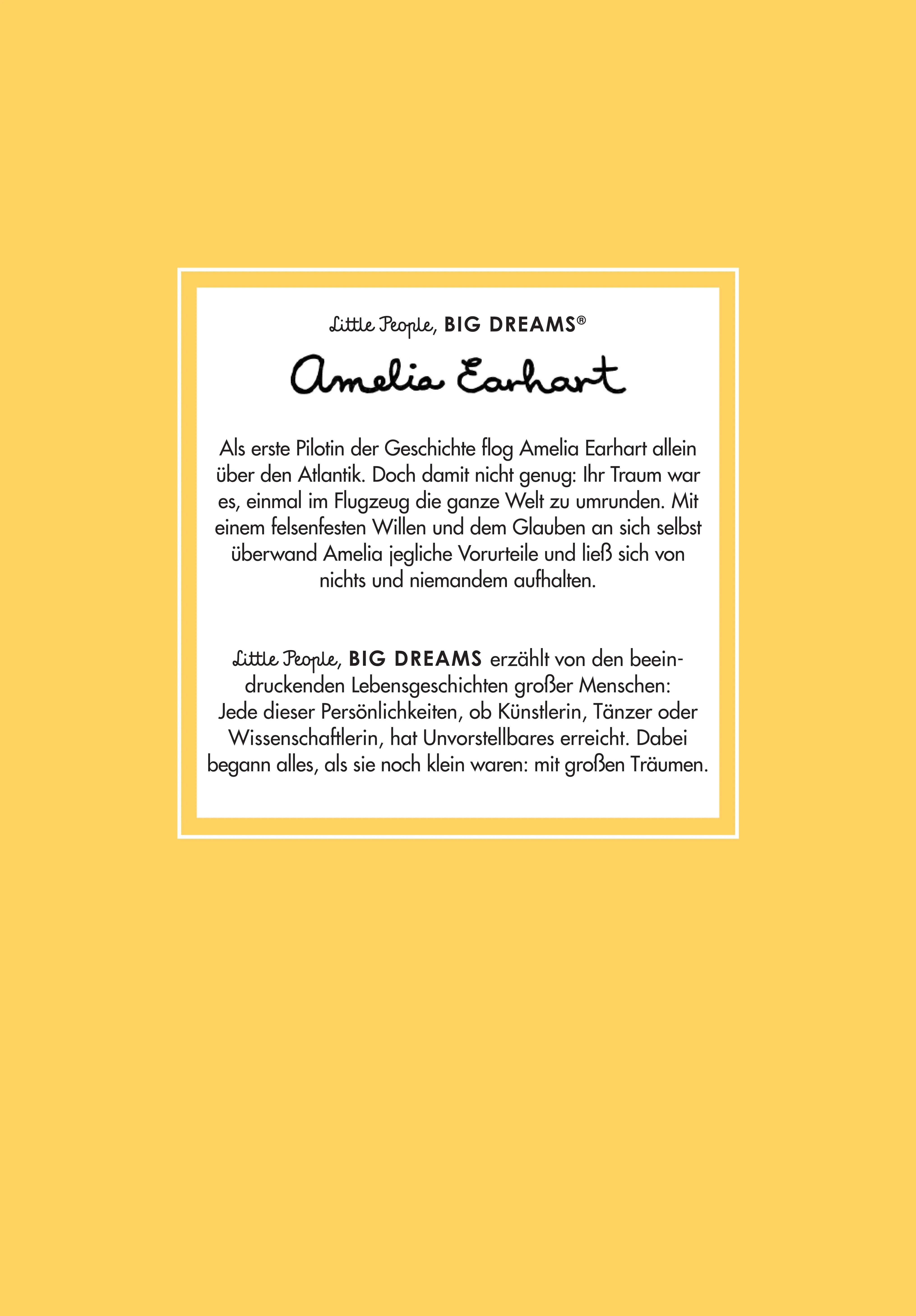 Buchrückseite von 'Little People, Big Dreams – Amelia Earhart' mit Klappentext - Gebundene Ausgabe